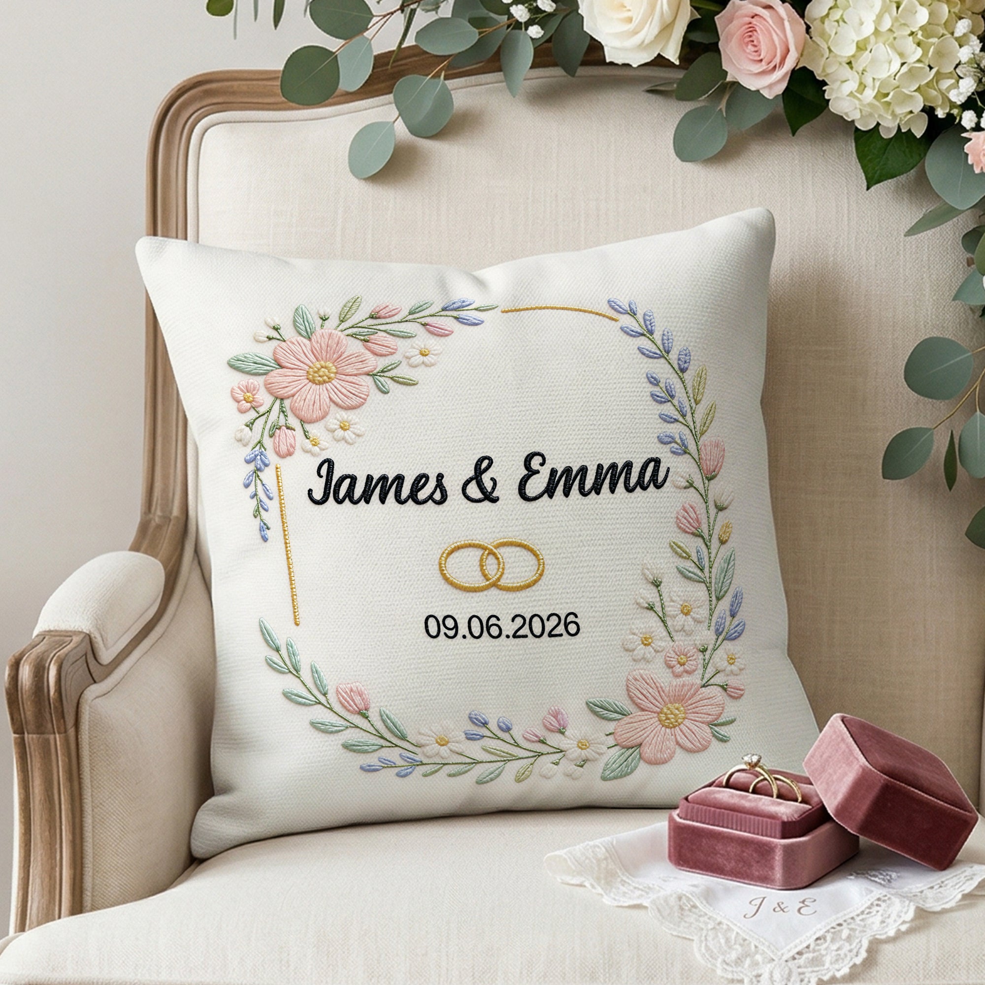 Almohada Funda Bordada Personalizada con Nombre y Fecha Aniversario de Boda Regalo para Parejas Recién Casados