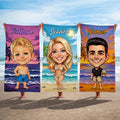 Toalla de playa de secado rápido personalizada estilo retro americano de dibujos animados con nombre Aniversario Viaje a la playa Vacaciones Regalo para la familia Amigos