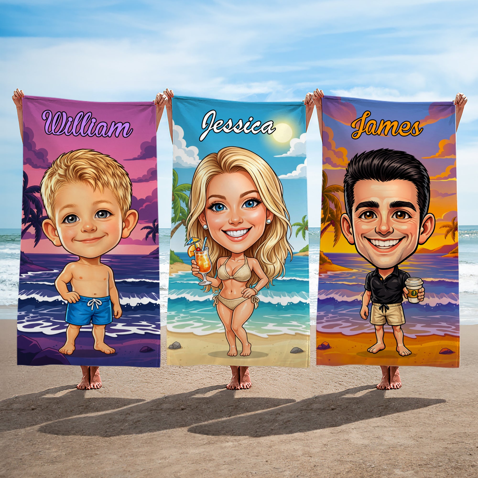 Toalla de playa de secado rápido personalizada estilo retro americano de dibujos animados con nombre Aniversario Viaje a la playa Vacaciones Regalo para la familia Amigos