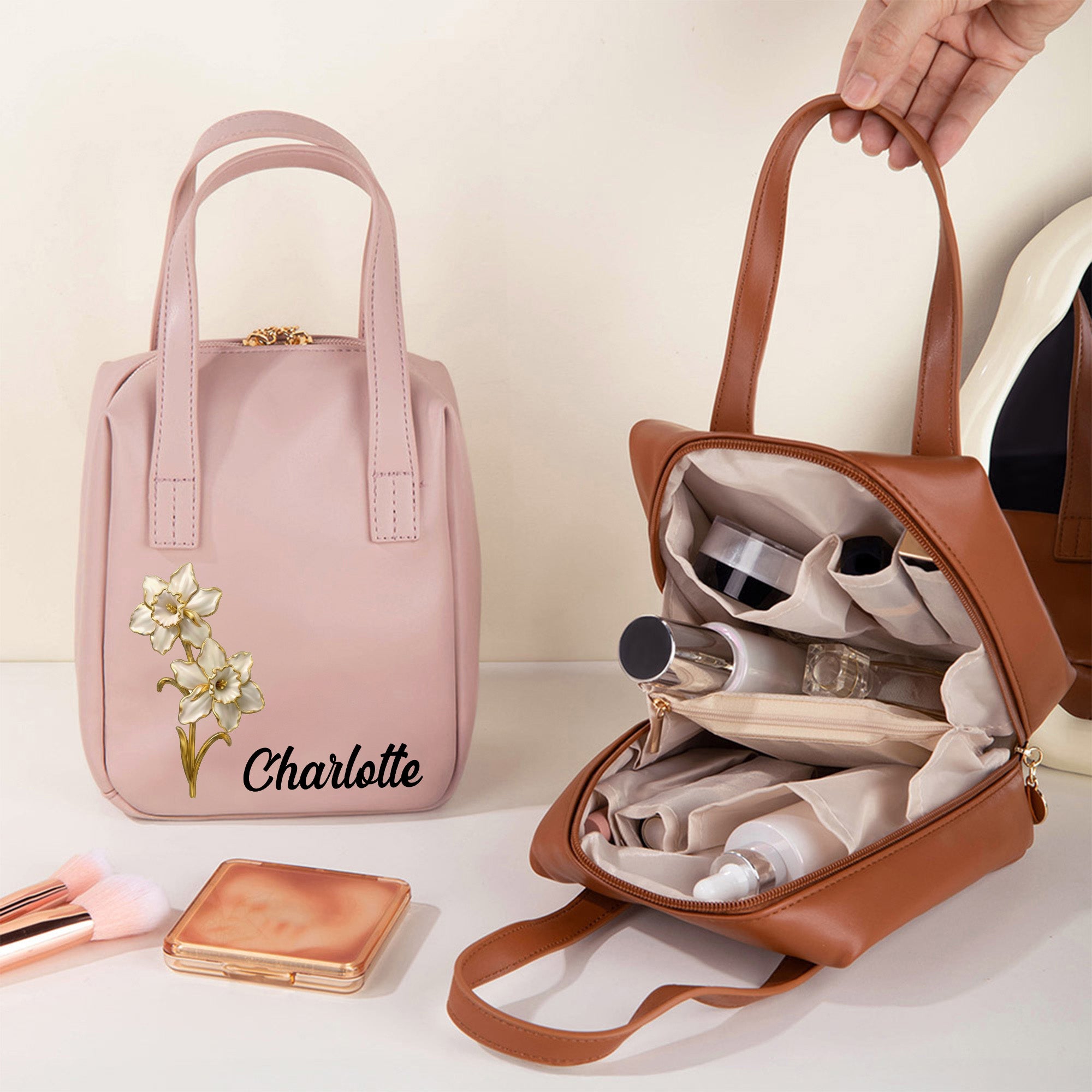 Personalizado Vintage flor de oro de nacimiento nombre portátil de cuero PU bolsa de maquillaje con asa de viaje accesorio de regalo de cumpleaños para las mujeres niñas