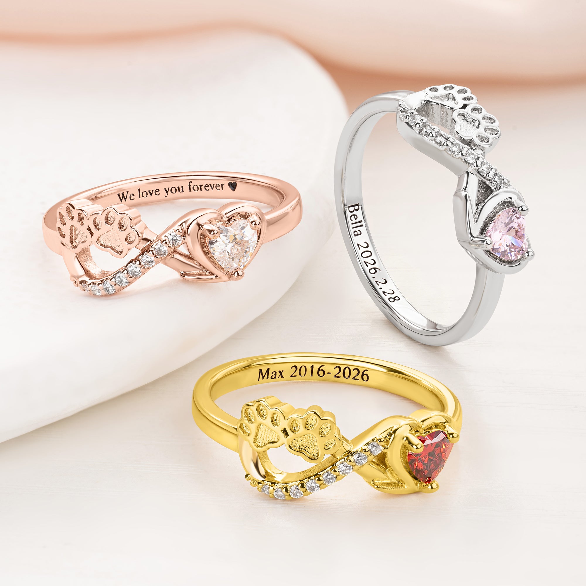 Anillo personalizado de plata de ley con el símbolo del infinito y el texto y la piedra de nacimiento del corazón Pérdida de mascotas Simpatía Memorial Gift for Pet Owner Lover