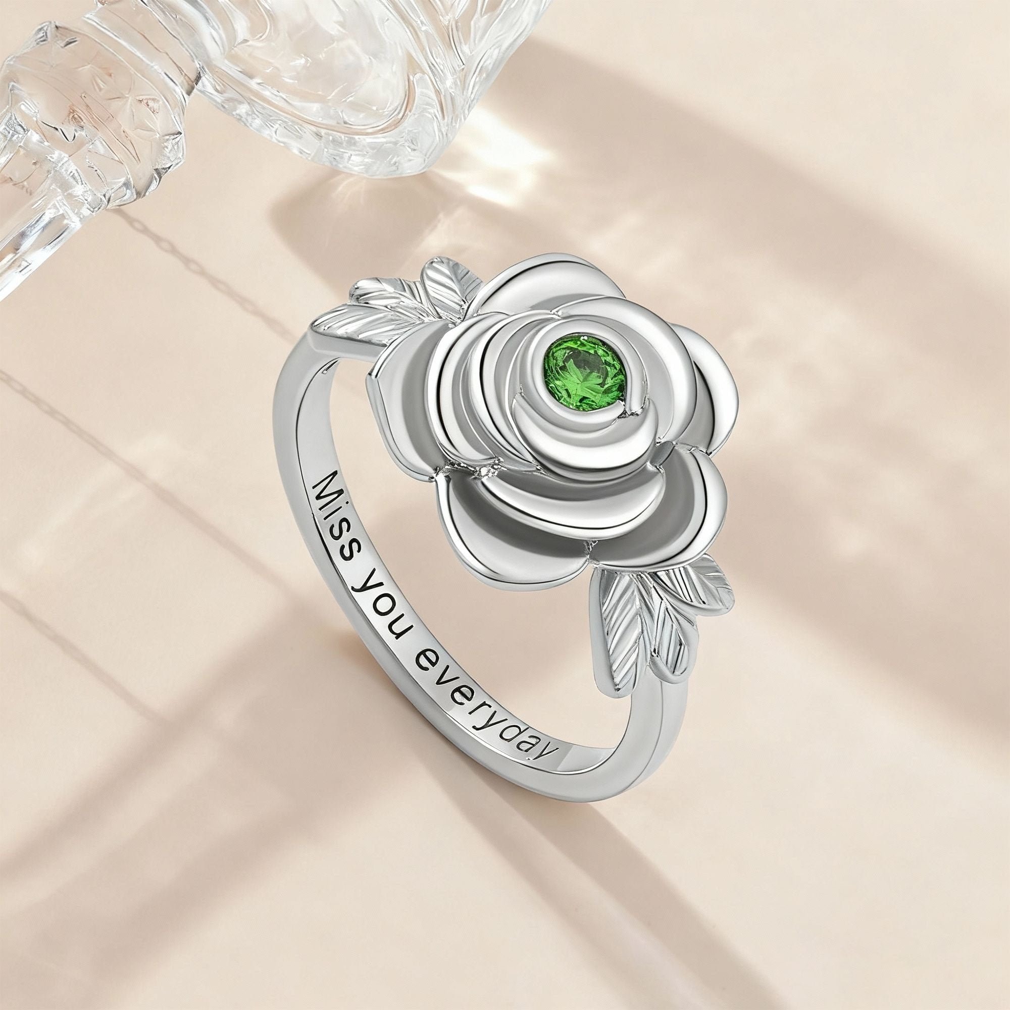 Personalizada Piedra de Nacimiento Rosa Flor Urna Anillo con texto grabado Cremación Joyería para cenizas de seres queridos Memorial Regalo para Mujeres