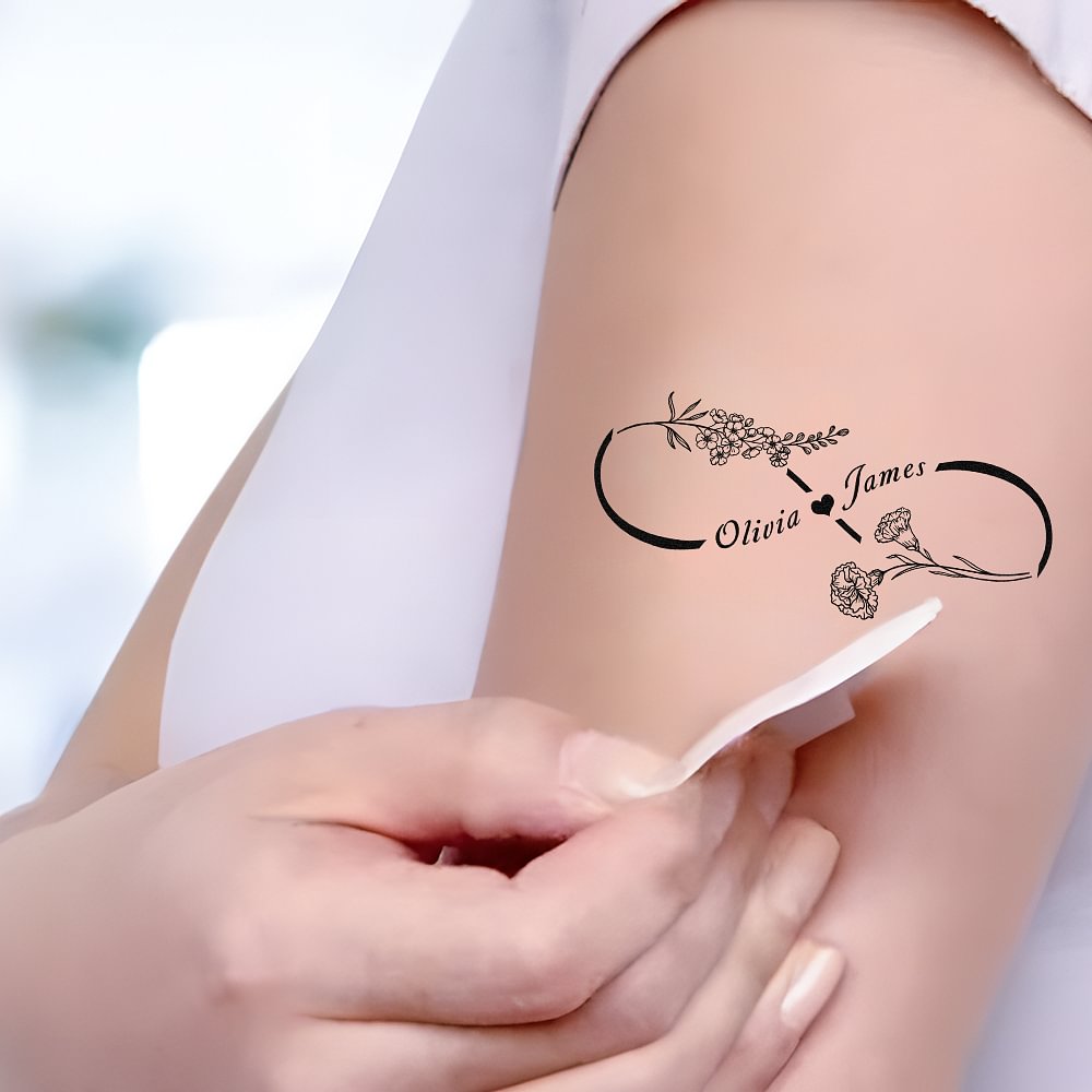 Línea Personalizada Nacimiento Flor Infinito Símbolo Impermeable No-toxicidad Tatuajes Temporales con 2 Nombres Fiesta de Boda Favorecer Regalo para Parejas Amigos