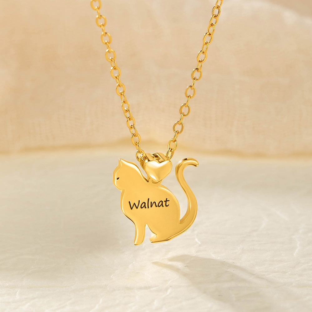 Personalizado 3D Love Heart Cat Silhouette Collar con nombre grabado Dainty Jewelry Birthday Anniversary Gift for Cat Lovers