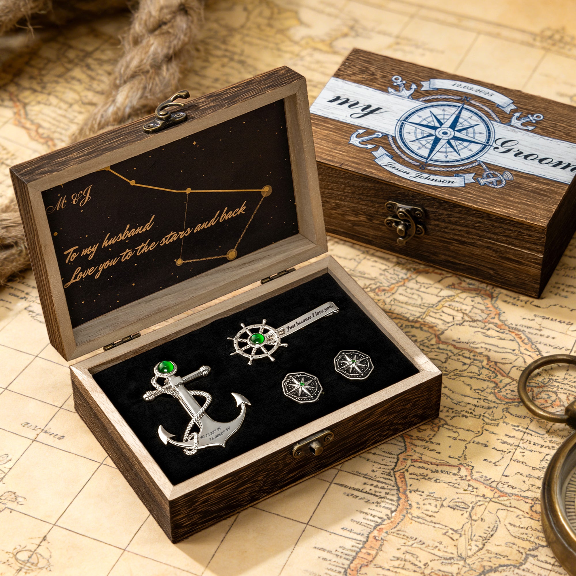 Set de joyería personalizado Estrella del Norte con piedra de nacimiento y texto Traje formal Regalo de boda esencial para padrino de boda