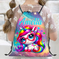 Personalizada 3D de dibujos animados de dinosaurios de fantasía de unicornio portátil bolsa mochila de cordón con el nombre de uso diario de viaje Accesorios de regalo de cumpleaños para los niños
