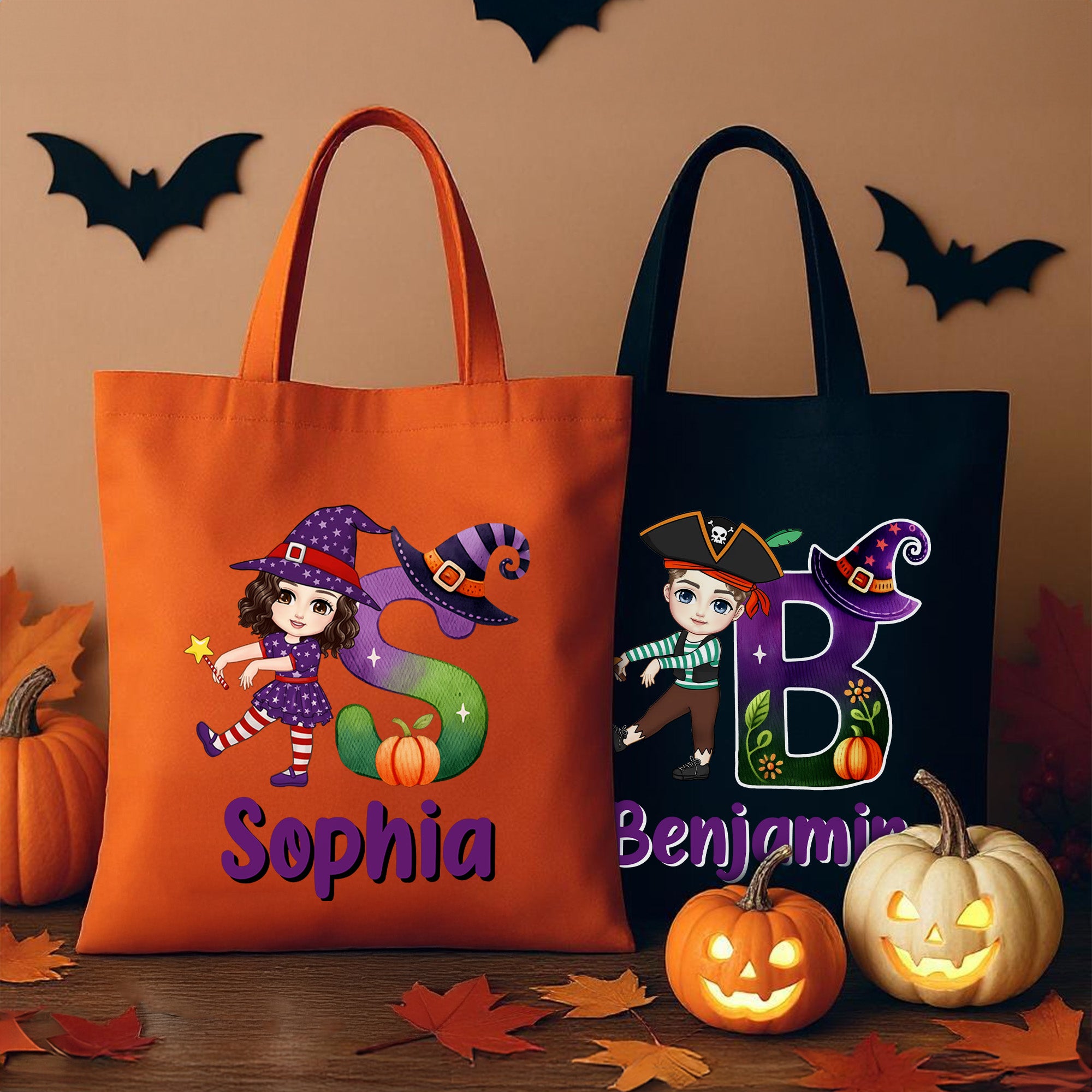 Personalizada Halloween Tema Inicial Caricatura Personaje Calabaza Reutilizable Bolsa de lona con nombre Halloween Fiesta Regalo para Niños Niñas