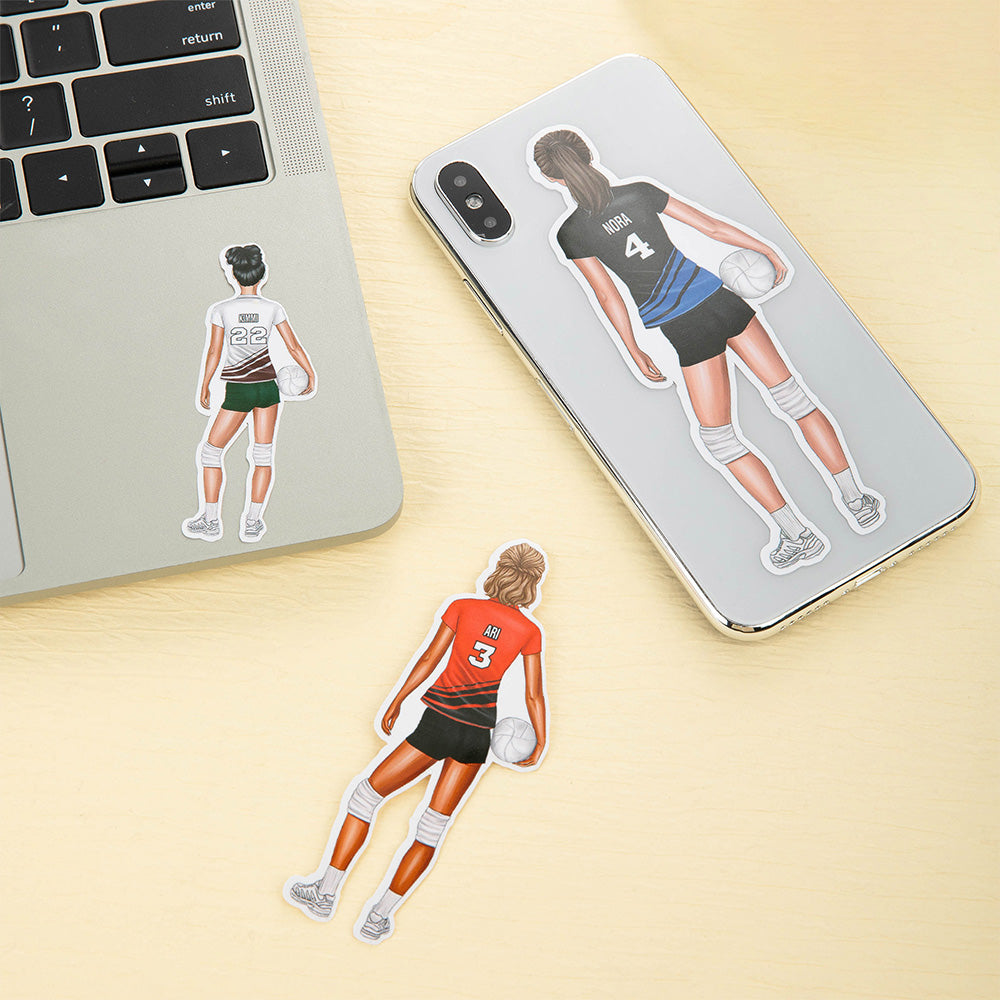 Juego de 3 pegatinas personalizadas de dibujos animados de voleibol para niñas con nombre Regalo de cumpleaños para mujeres Niñas Amantes de los deportes