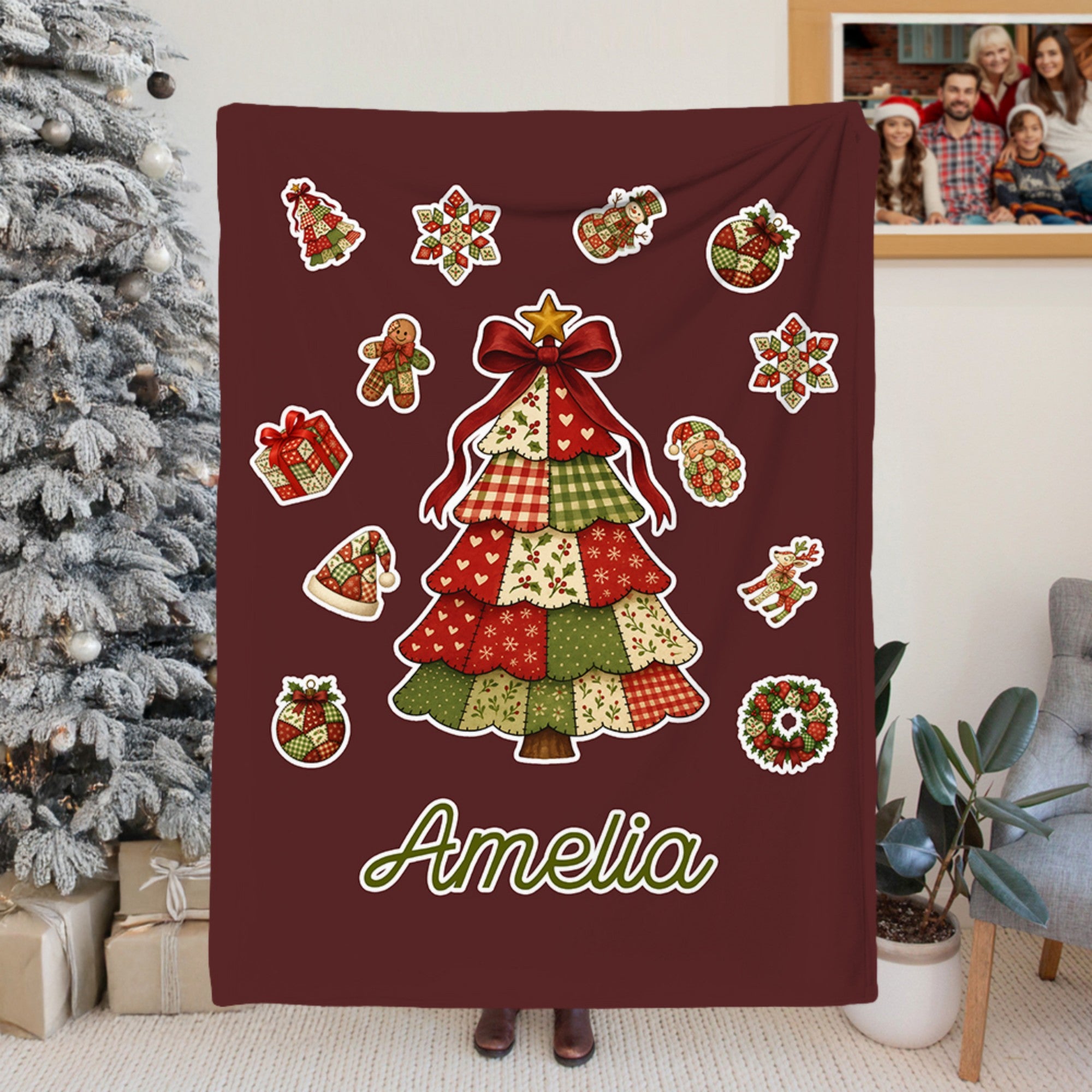 Personalizado colorido elemento patchwork árbol de Navidad Santa Claus suave manta con nombre decoración del hogar regalo de Navidad para la familia amigos