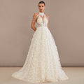 Bridal Wedding Dress Ivory-Cream Sleeveless Long Halter A-line Lace