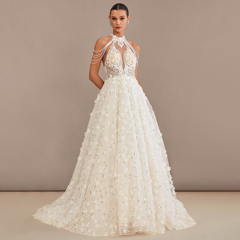 Bridal Wedding Dress Ivory-Cream Sleeveless Long Halter A-line Lace