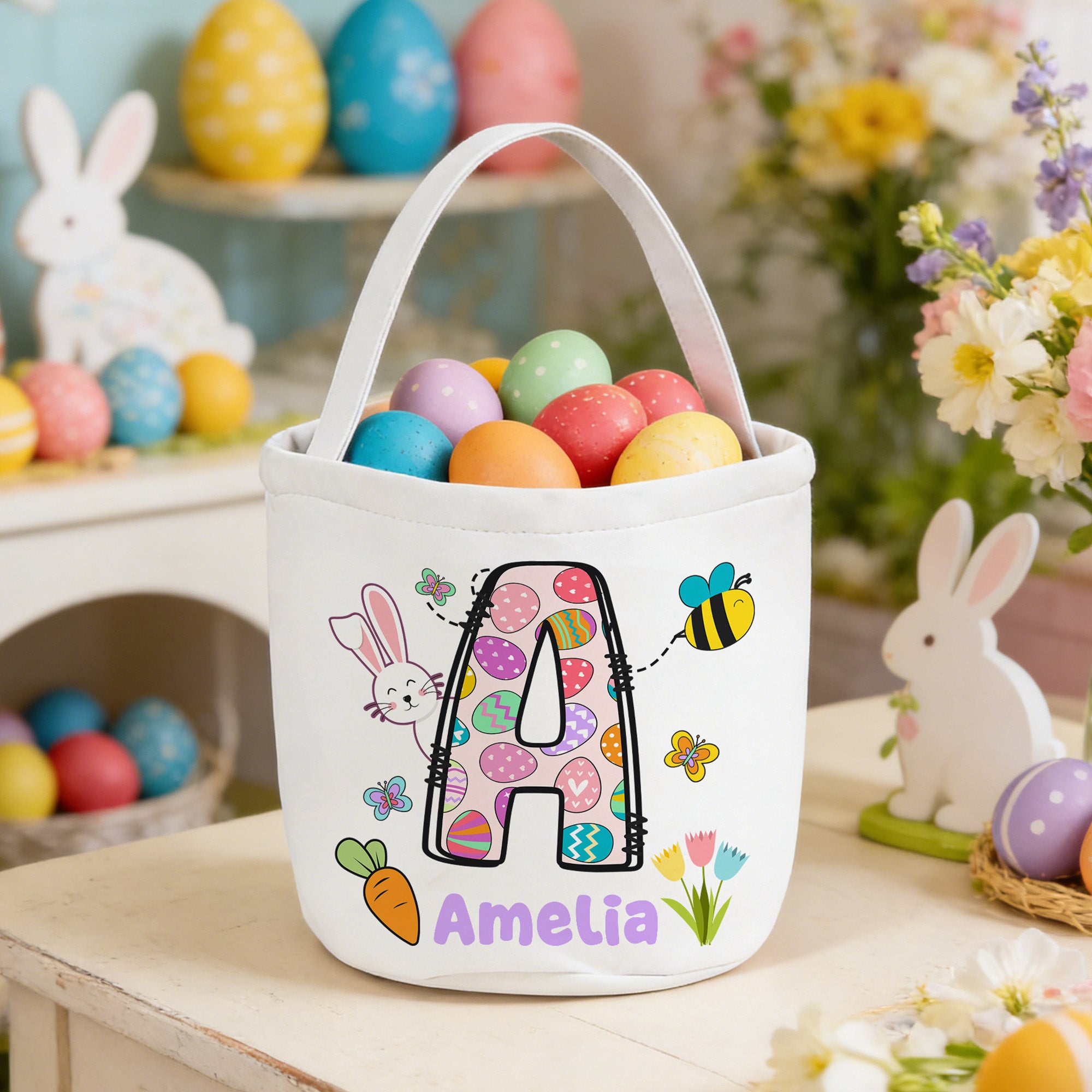 Conejito de Pascua personalizado Cesta de Pascua de lona con iniciales y nombre Accesorios para la caza del huevo Regalo de Pascua para niños