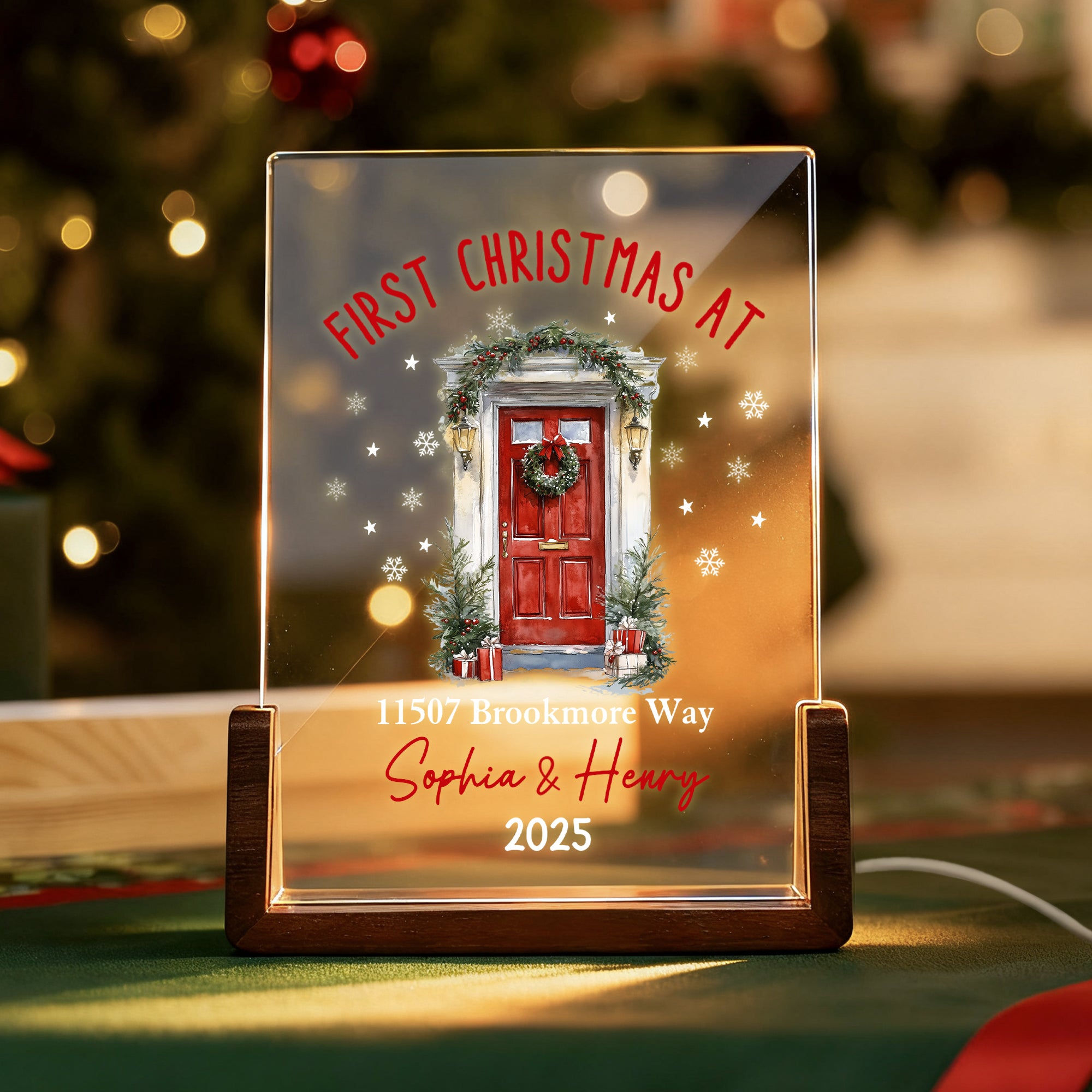 Luz de noche LED acrílica personalizada con nombre y base de madera Decoración del hogar Estreno de la casa Primer regalo de Navidad para niños Familia Amigos