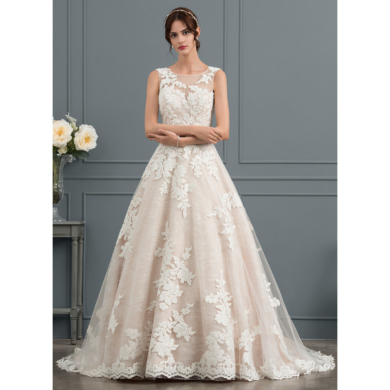 Bridal Wedding Dress Pink Sleeveless Long Illusion Ball-Gown Princess