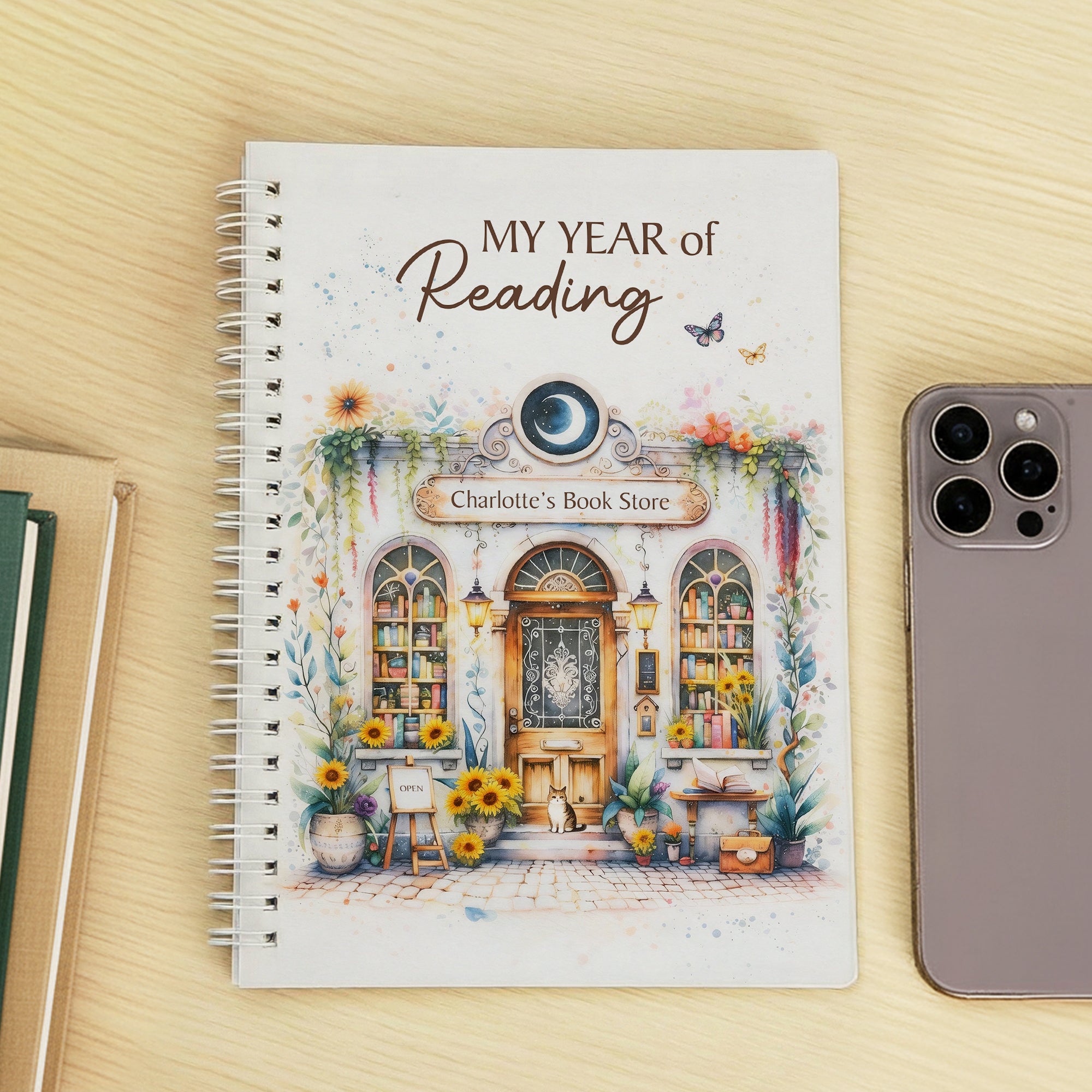 Cuaderno de espiral A5 personalizado con título y texto Inspirado en el estilo bohemio de la librería vintage Vides florales Regalo de cumpleaños de vuelta al cole para ratones de biblioteca