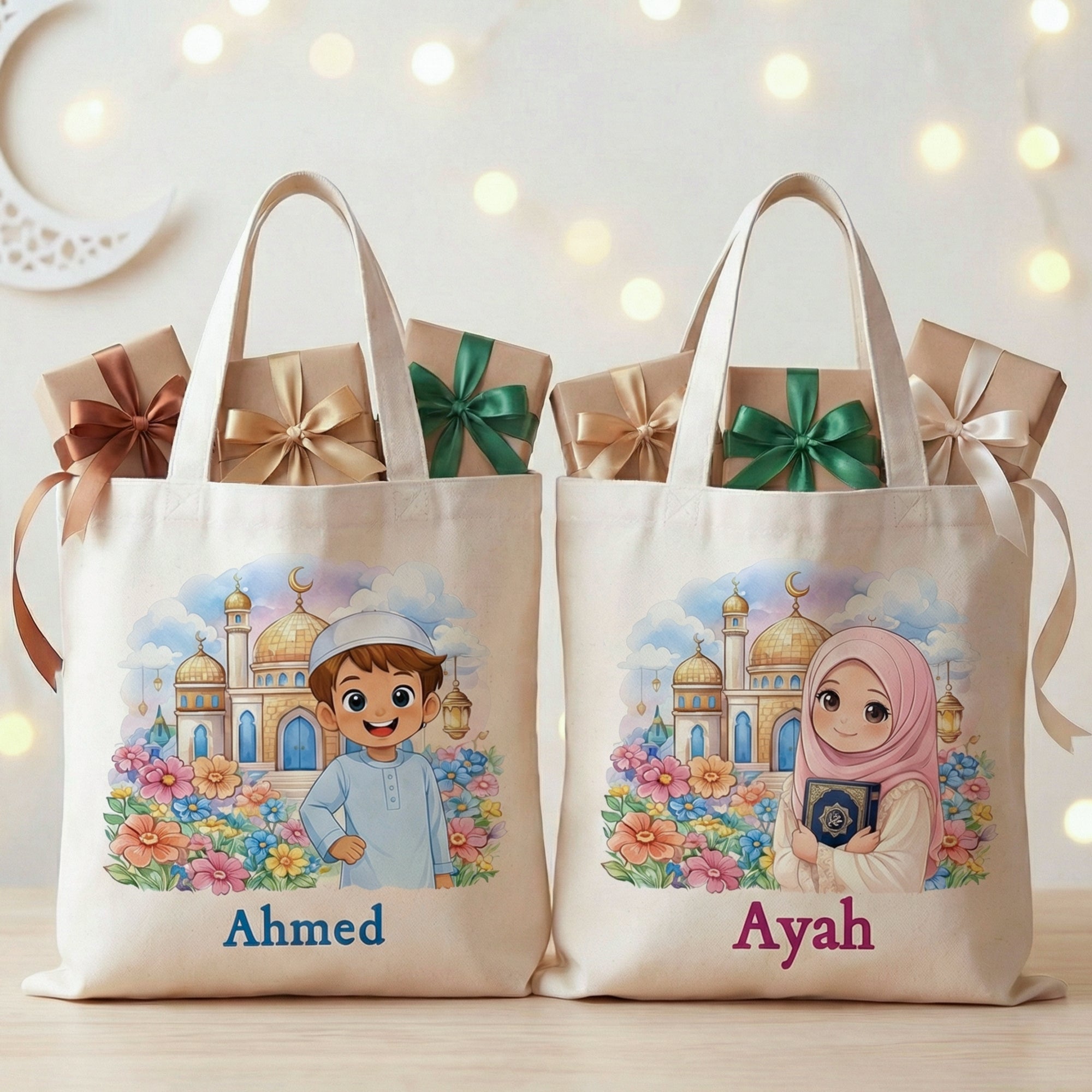 Personalizado Ramadán Kid Patrón Bolsa de lona con nombre Ramadán Decoración Stuffer Eid Regalo para Niños Niñas