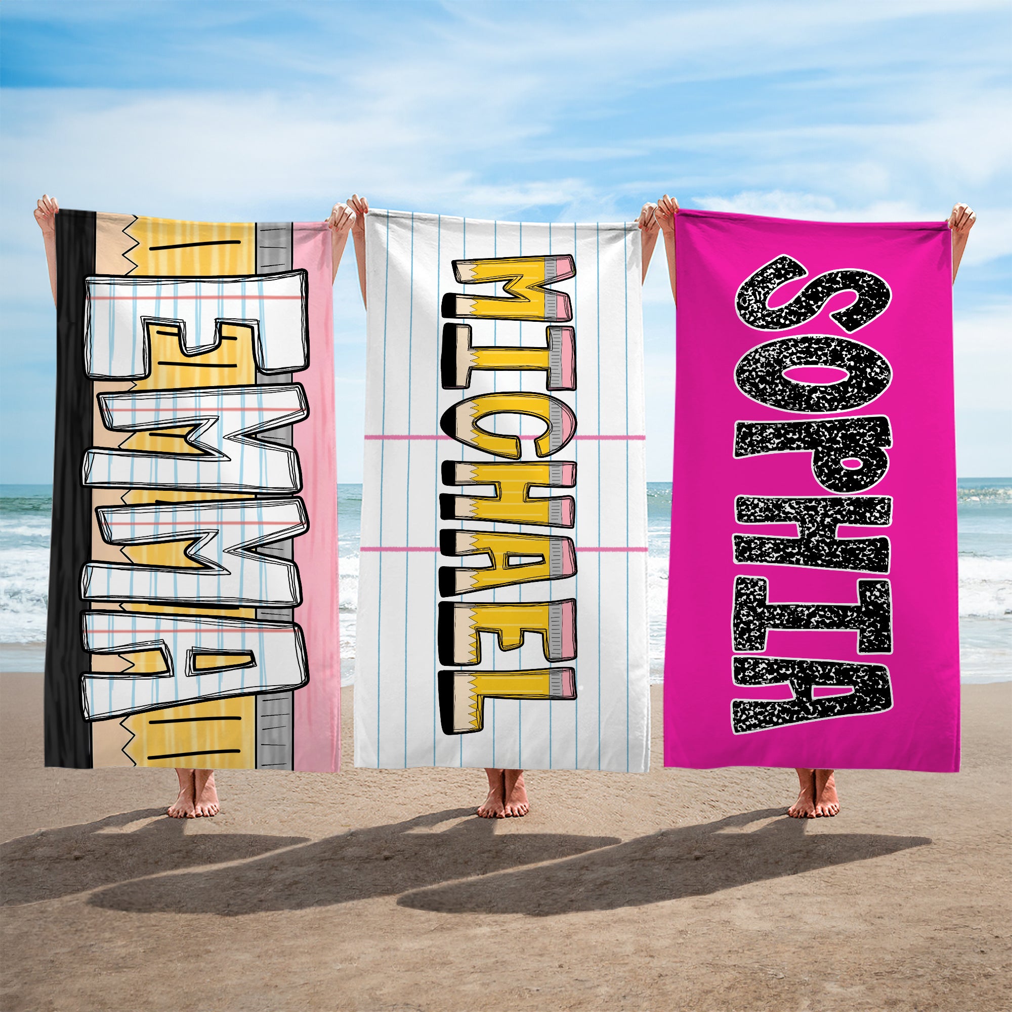 Toalla de playa de microfibra de secado rápido con nombre en alfabeto personalizada con el lápiz estilo manzana Regalo de cumpleaños de vacaciones de vuelta al cole para familiares amigos profesores