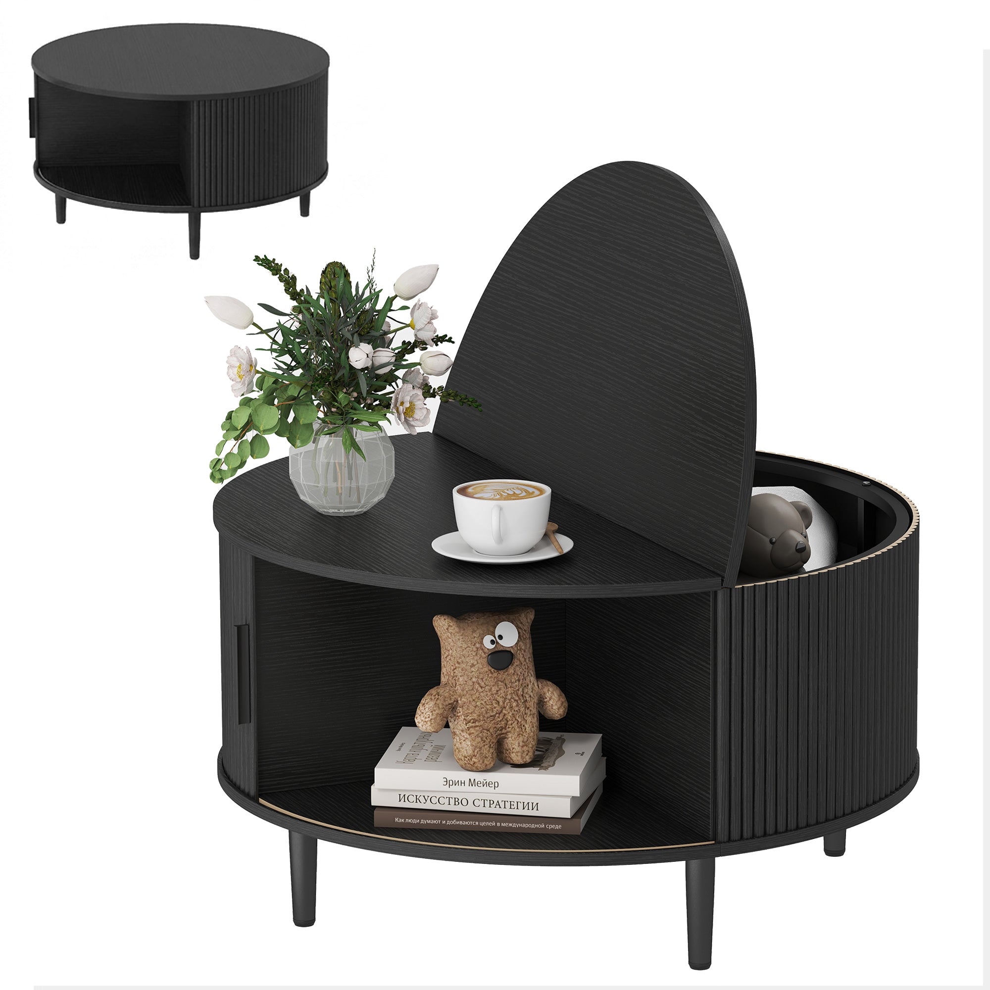 Round Coffee Table with Lift Top & Hidden Storage, 80 cm Fluted Sliding Door Drum Table for Living Room, Black Wood Effect