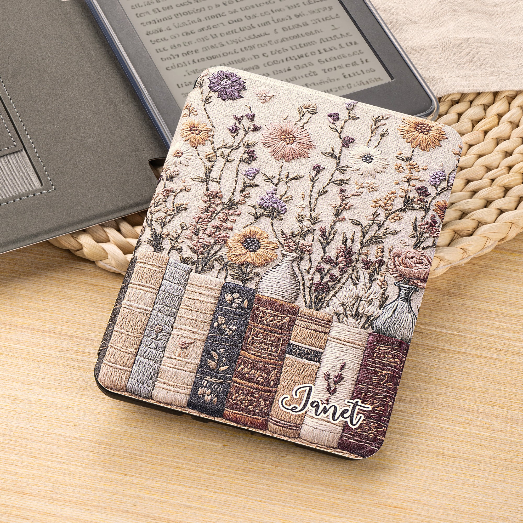 Funda magnética portátil con nombre para Kindle Personalizada Vintage Book Bouquet Regalo de cumpleaños de uso diario para el amante de la estética vintage Bookworm