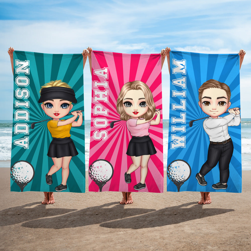 Toalla de playa de gran tamaño y secado rápido personalizada con el nombre de un simpático personaje de golf de dibujos animados para regalo de cumpleaños, fiesta en la playa o vacaciones de verano pa