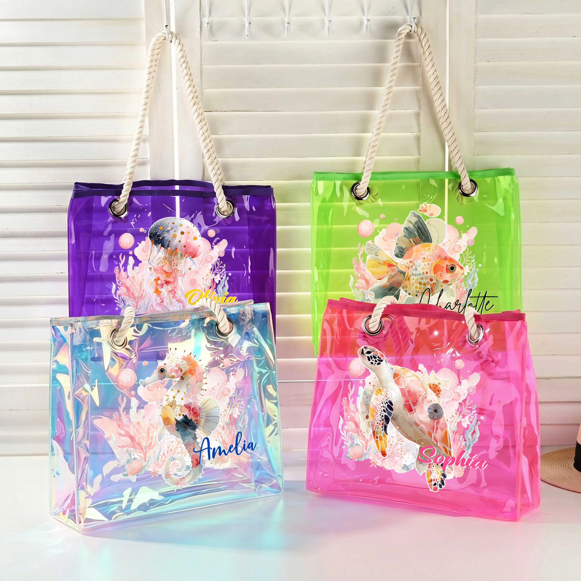 Bolsa de viaje con nombre Personalizada Watercolor Sea Animal Waterproof Transparent Tote Bag with Name Mother's Day Birthday Beach Party Gift for Woman