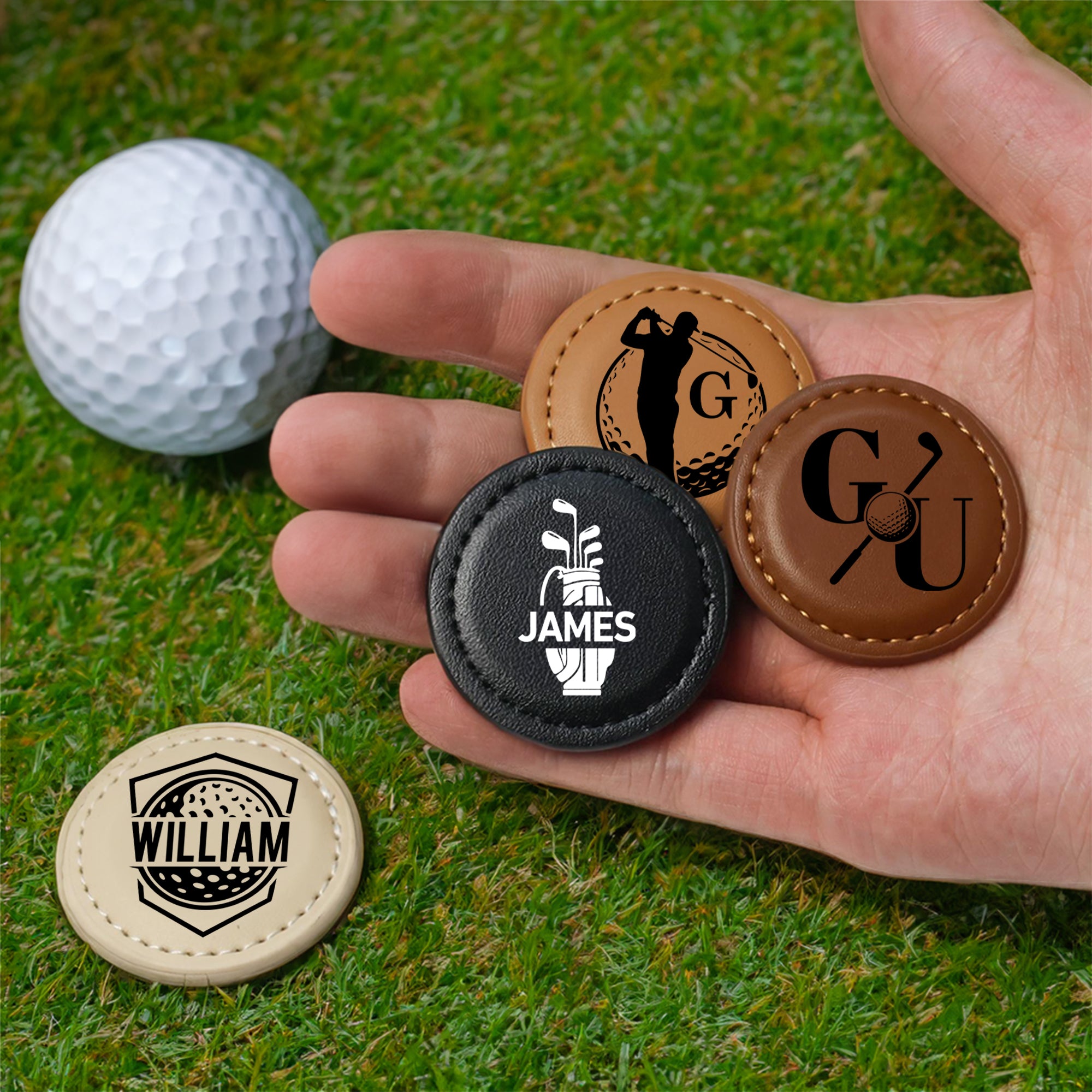 Silueta de golf personalizada Monograma Marcador magnético de bolas de golf de cuero de PU con inicial y nombre Club Cumpleaños Día del Padre Regalo para amantes del golf