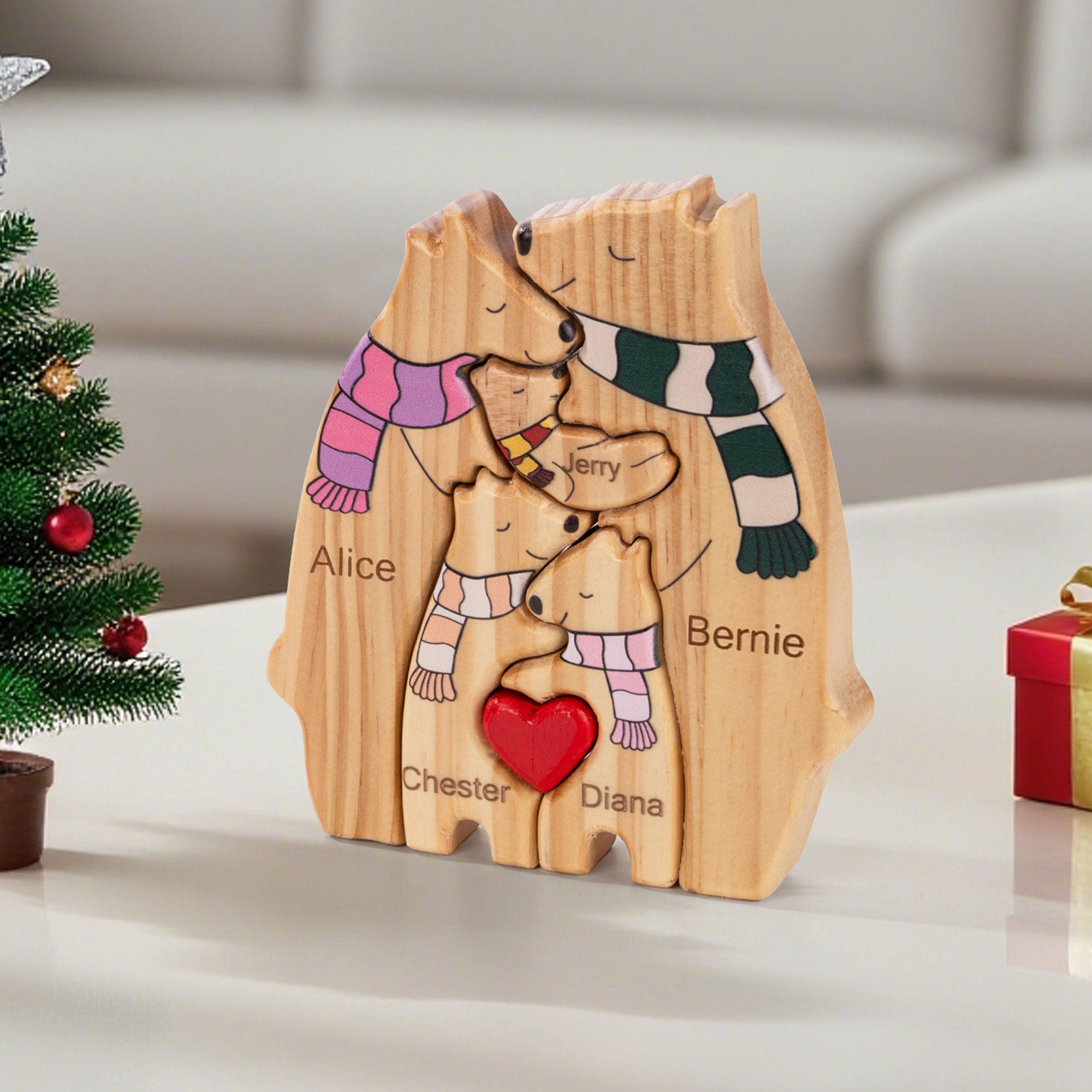 Personalizado de madera lindo abrazo bufanda oso rompecabezas de la familia con el amante del corazón y 2-8 nombres Decoración de escritorio Cumpleaños Aniversario de regalo para la familia