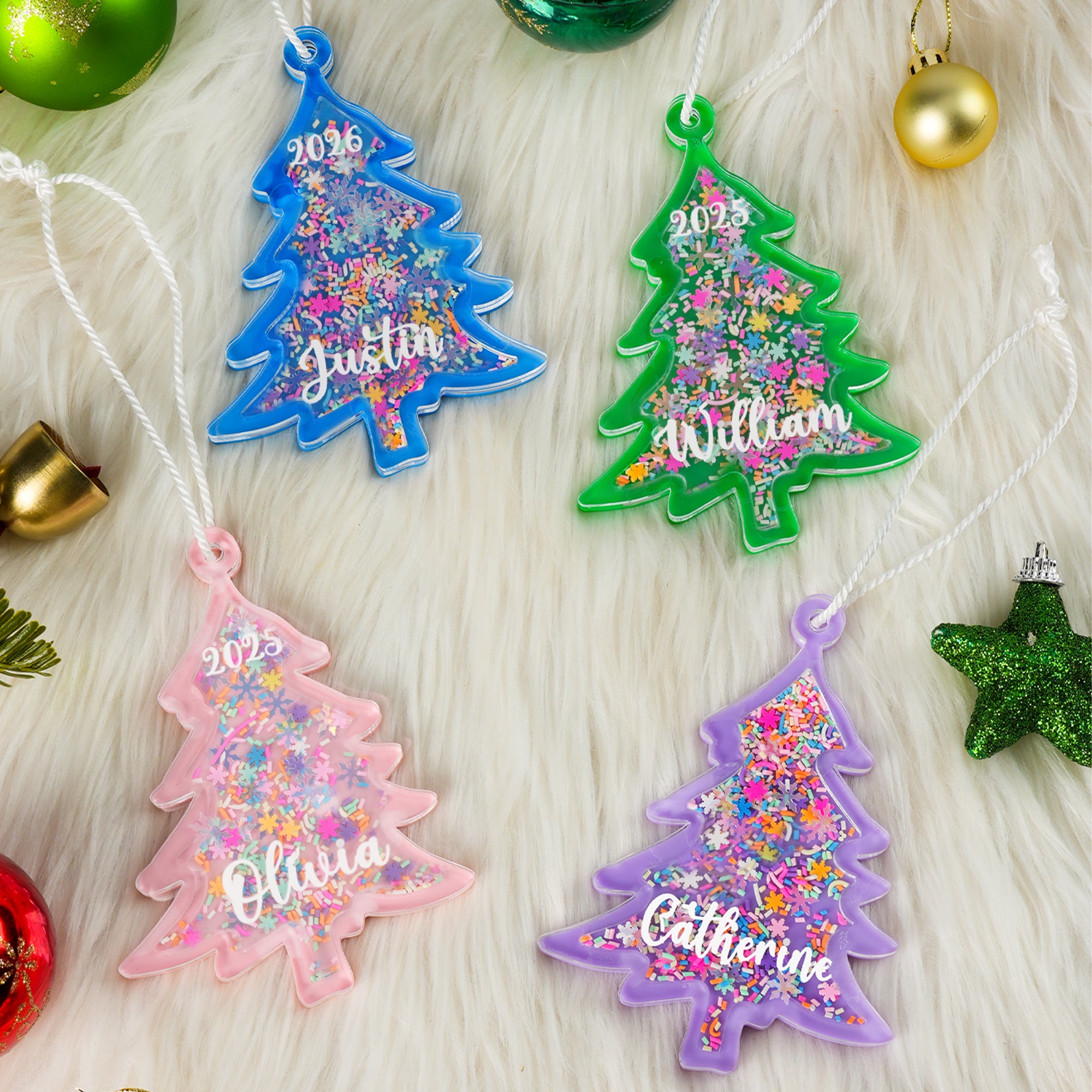 Personalizado Multicolor Copo de Nieve Árbol de Navidad Shake Ornamento con el nombre y el año Home Tree Decor Regalo de Navidad para la Familia Amigos