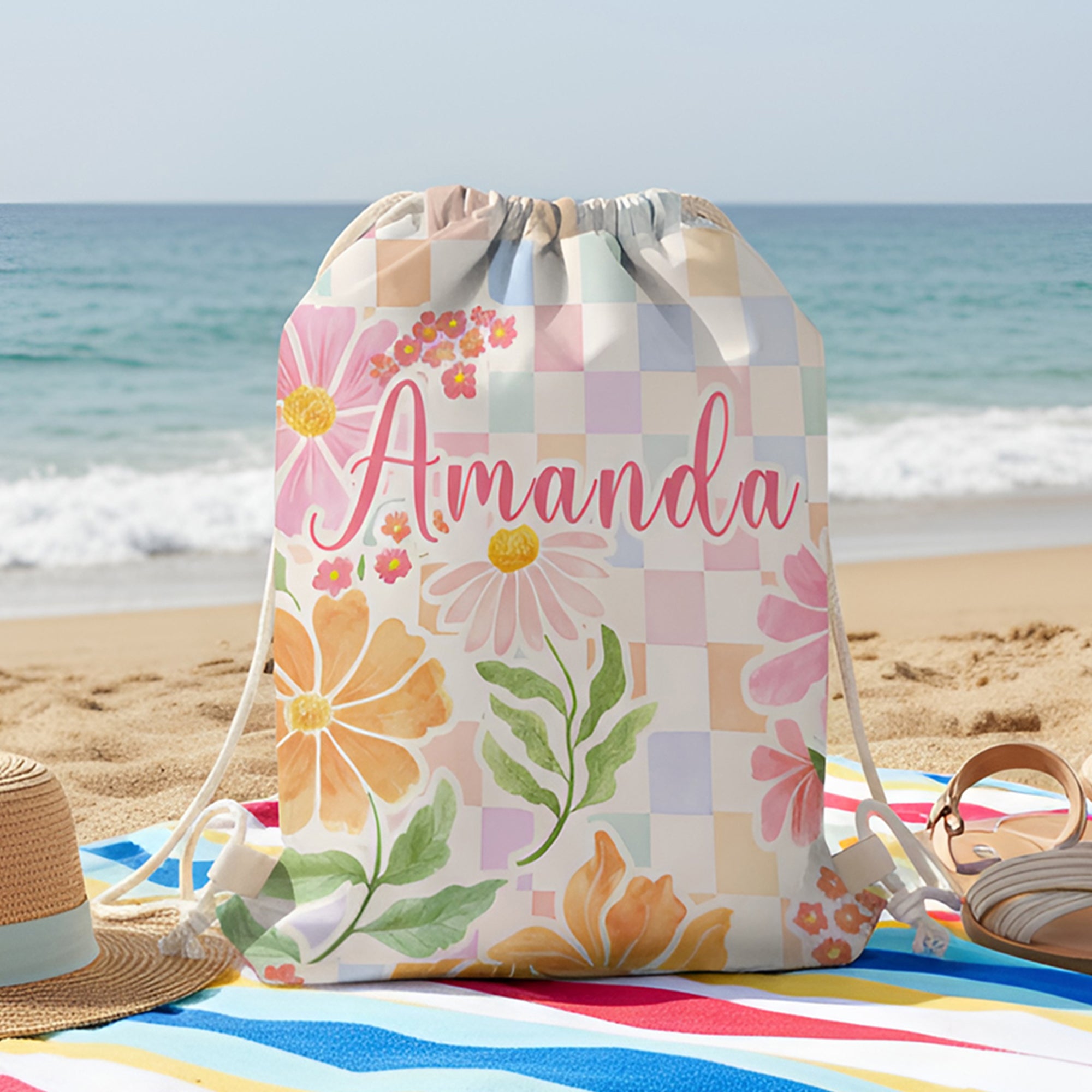 Personalizada Flor Colorido Diseño A Cuadros Bolsa De Cordón Con Nombre Actividades Al Aire Libre Fiesta En La Playa Regalo De Cumpleaños Para Mujeres Amigas Familia