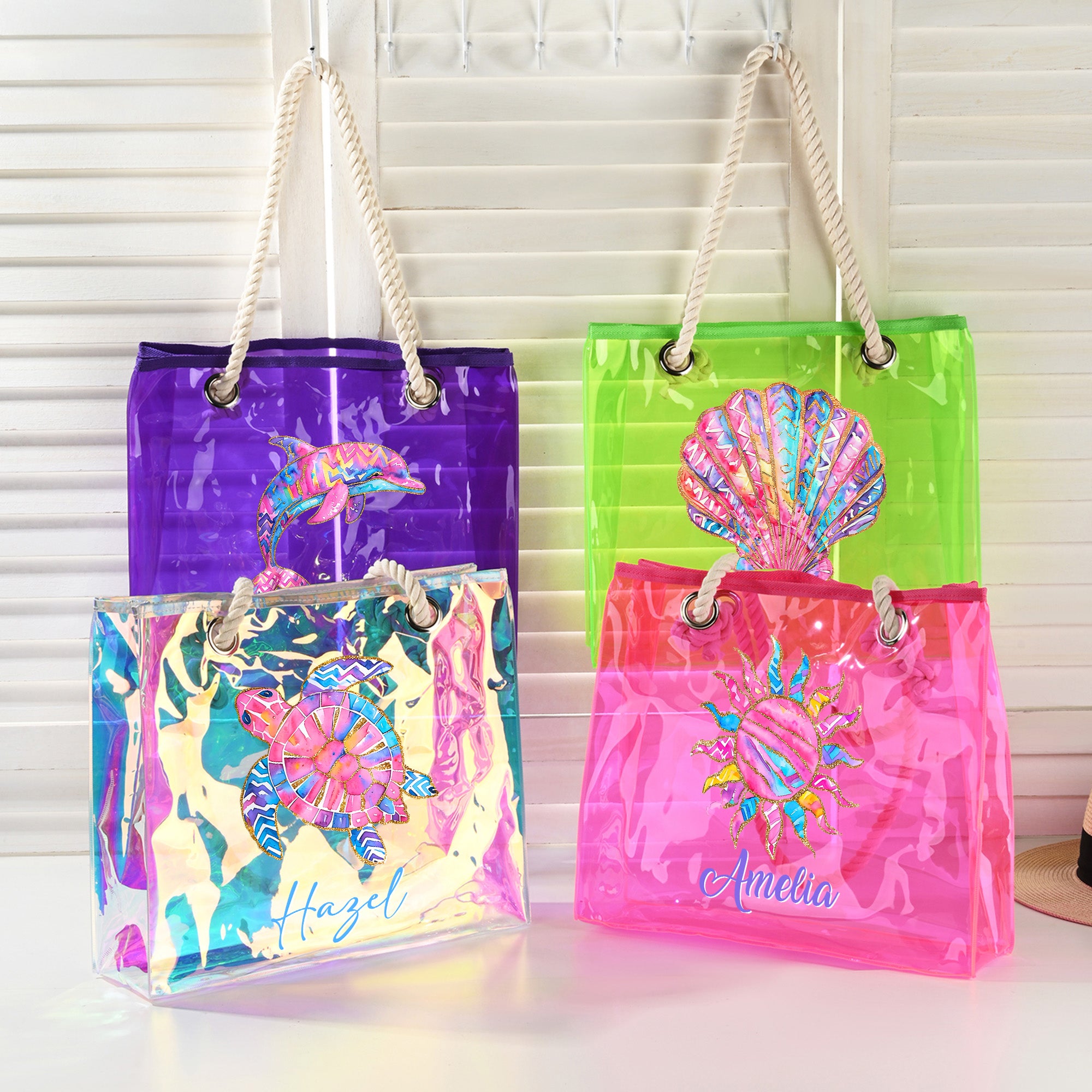Acuarela Personalizada Elementos del Océano Impermeable Holográfico Transparente Bolsa de Tote con Nombre Accesorios de Playa Cumpleaños Aniversario Regalo para Mujeres