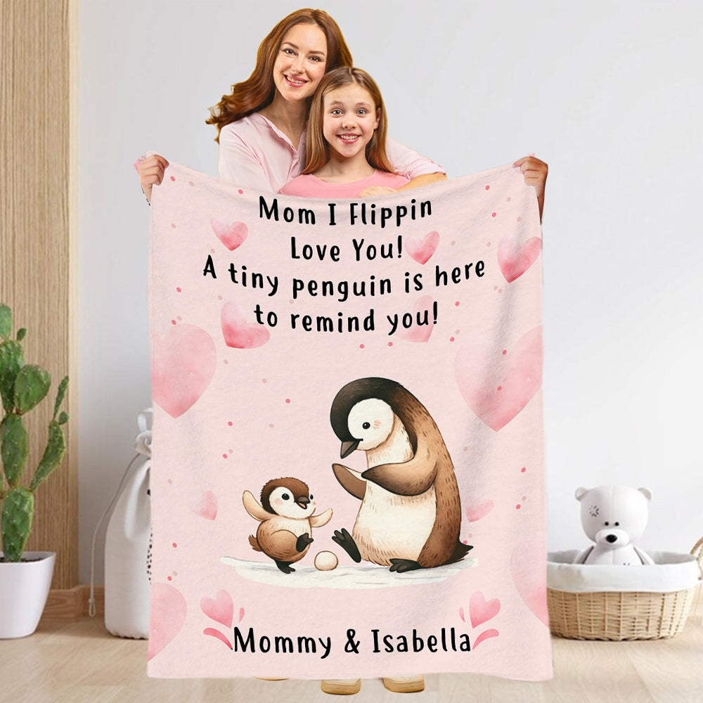 Personalizado lindo corazón pingüino mamá y niño suave manta con nombre cumpleaños día de la madre aniversario regalo para mamá abuela
