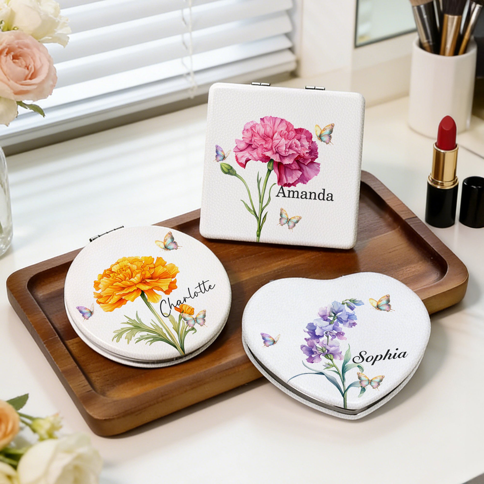 Personalizado Nacimiento Flor Mariposa Compacto PU Cuero Corazón Redondo Cuadrado Espejo de Maquillaje con Nombre Cumpleaños Fiesta de Bodas Regalo para Mujeres