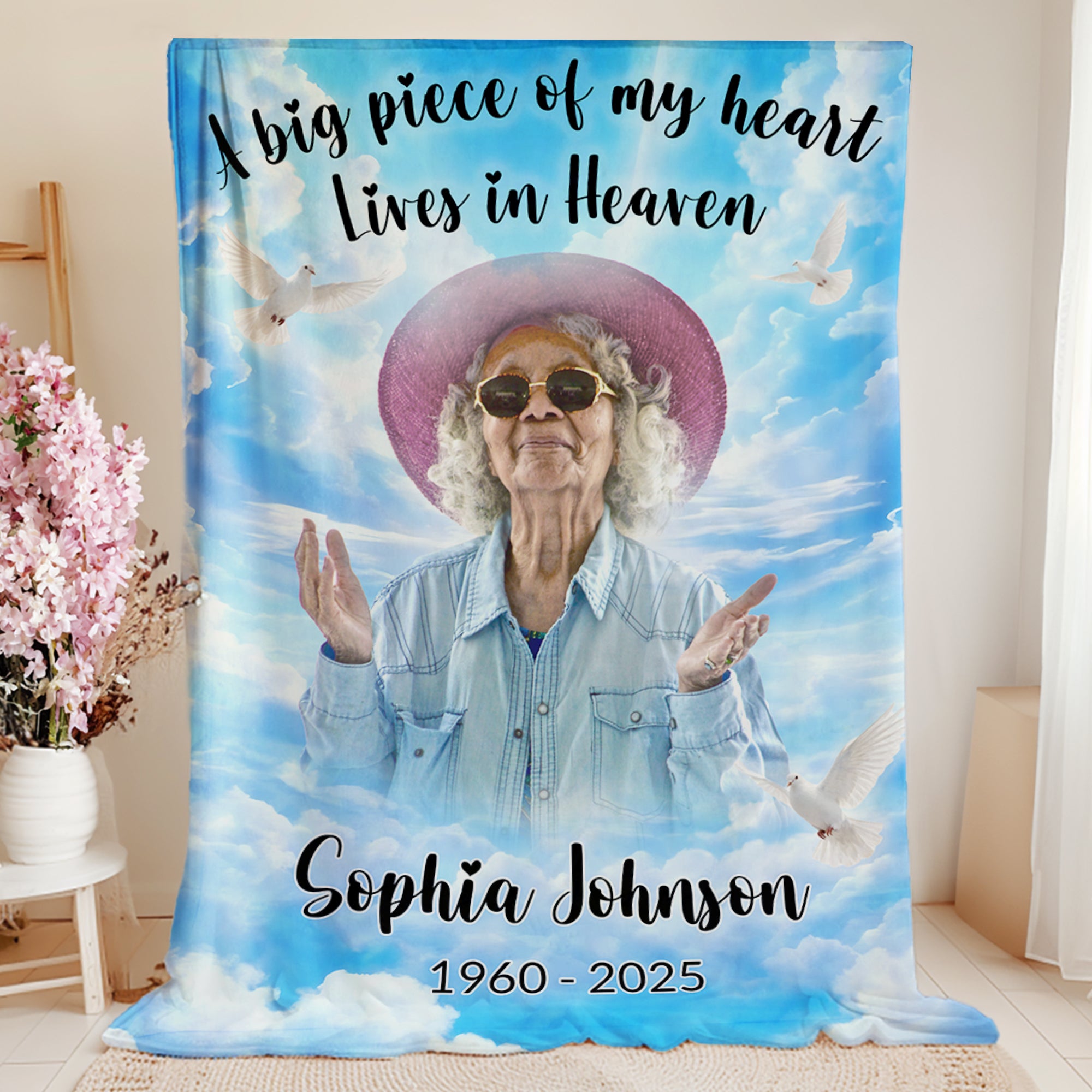 Paloma blanca personalizada Heaven Photo Soft Throw Blanket con nombre y año Memorial Sympathy Gift for Family Friends