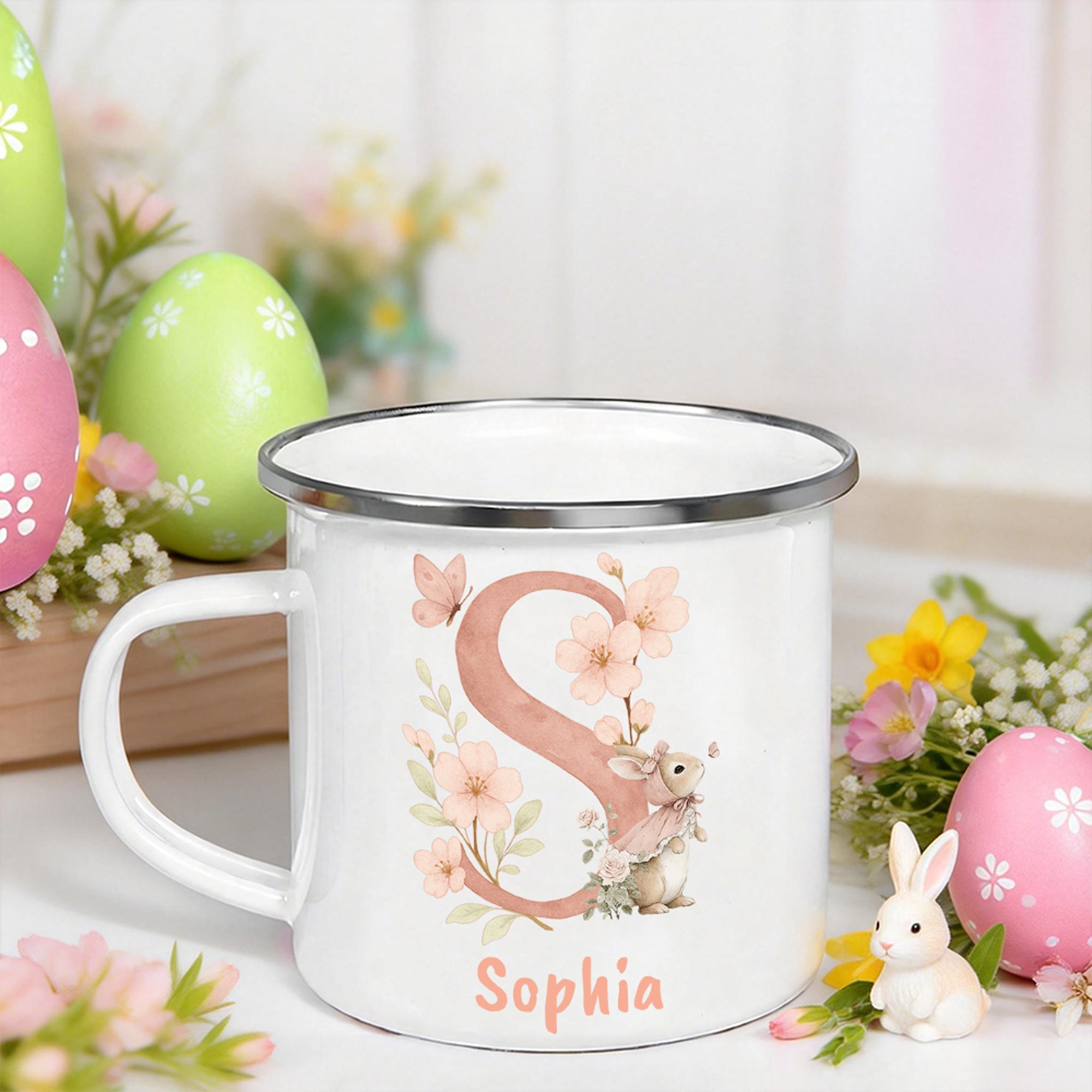 Conejito de Pascua de acuarela personalizado con iniciales florales 12 oz Taza de esmalte de color con nombre Pascua Cumpleaños Regalo para niños Niñas