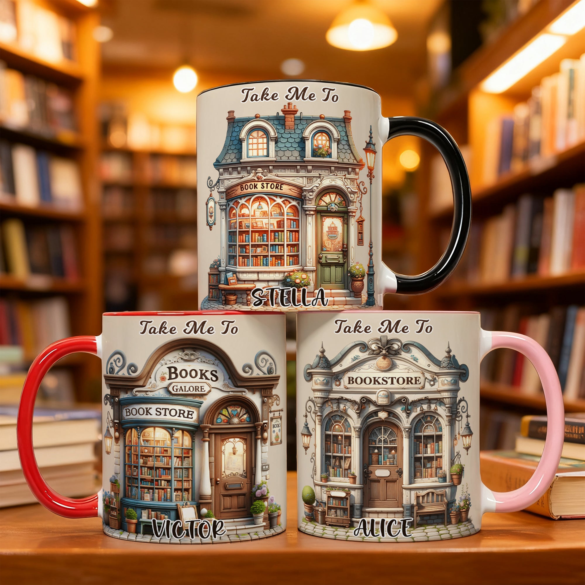 Taza de cerámica personalizada Take Me To Bookstore 11 oz 15 oz con nombre Cumpleaños Aniversario Regalo de Navidad para los amantes de los libros Libreros