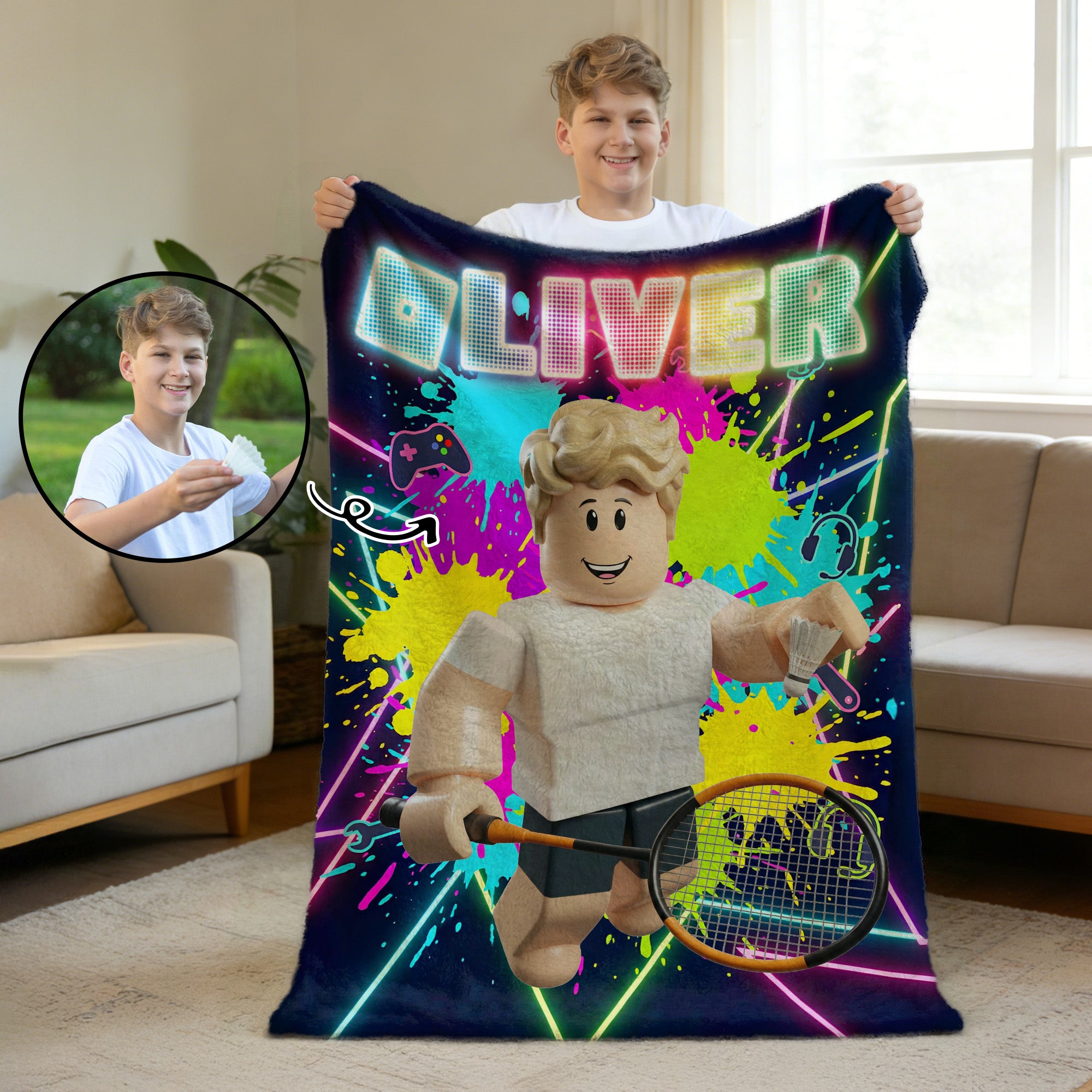Manta de neón personalizada con el tema del juego en 3D estilo cubo de fotos salpicaduras de pintura suave con nombre Gaming Room Decor Birthday Gift for Gamer Kid