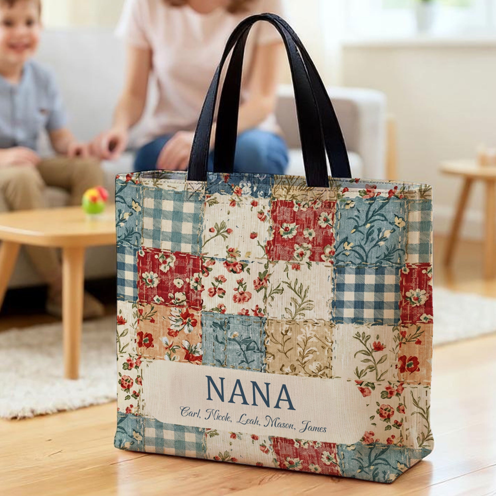 Bolsa grande de parches florales personalizada con nombres para uso diario Regalo de cumpleaños para mujeres en el Día de la Madre