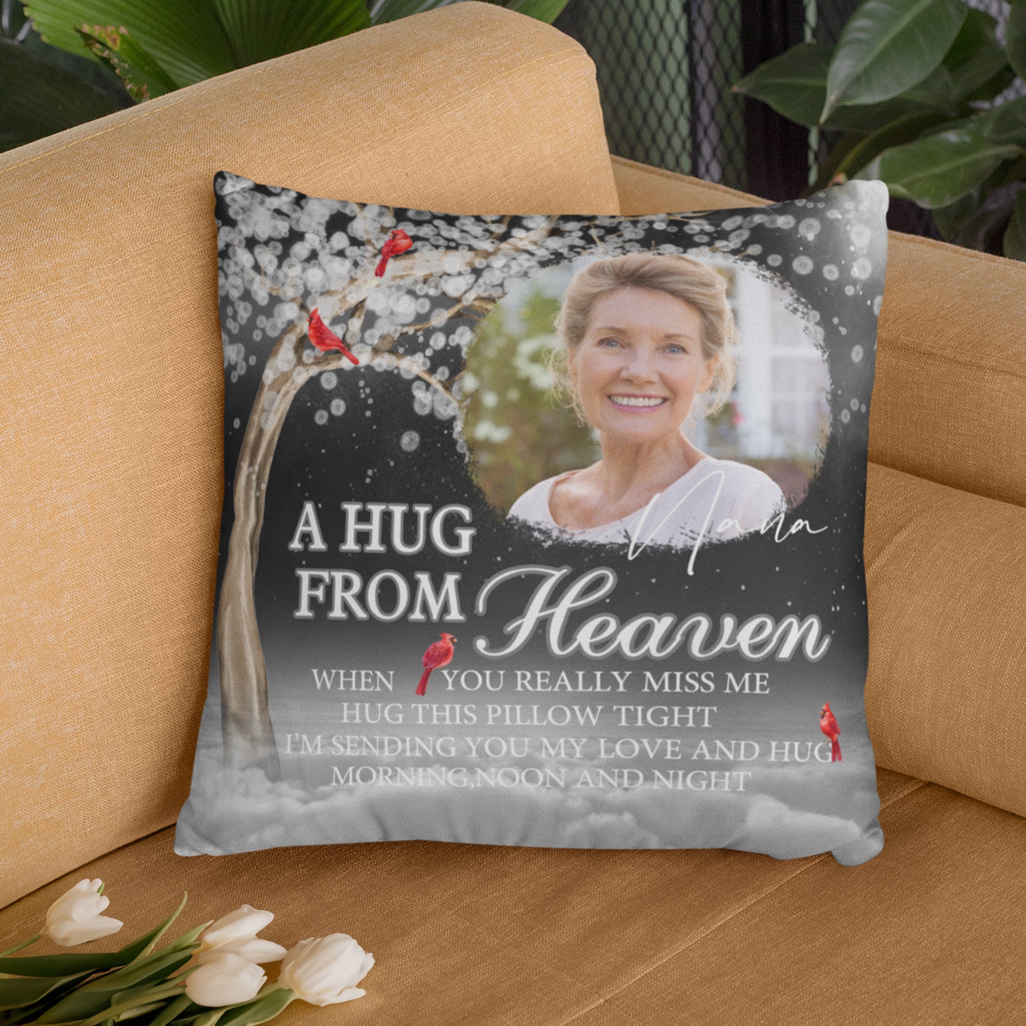 Un abrazo del cielo personalizado Foto pájaro cardenal Funda de almohada suave con texto y nombre Decoración para el hogar Memorial Simpatía Regalo para la familia amigo