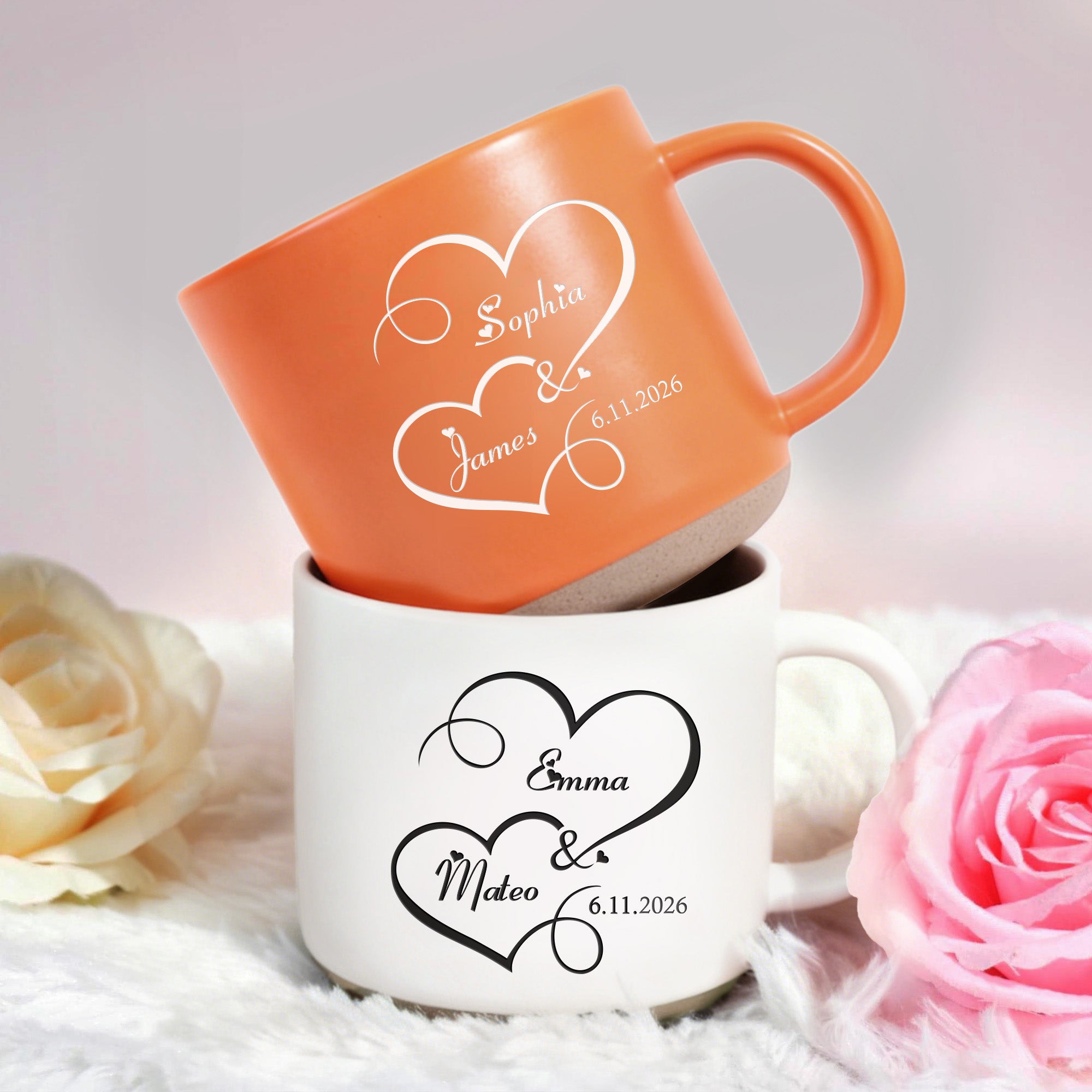 Taza de café de cerámica de 12 oz personalizada con corazones dobles y nombre y fecha grabados Regalo de aniversario de cumpleaños de San Valentín para parejas