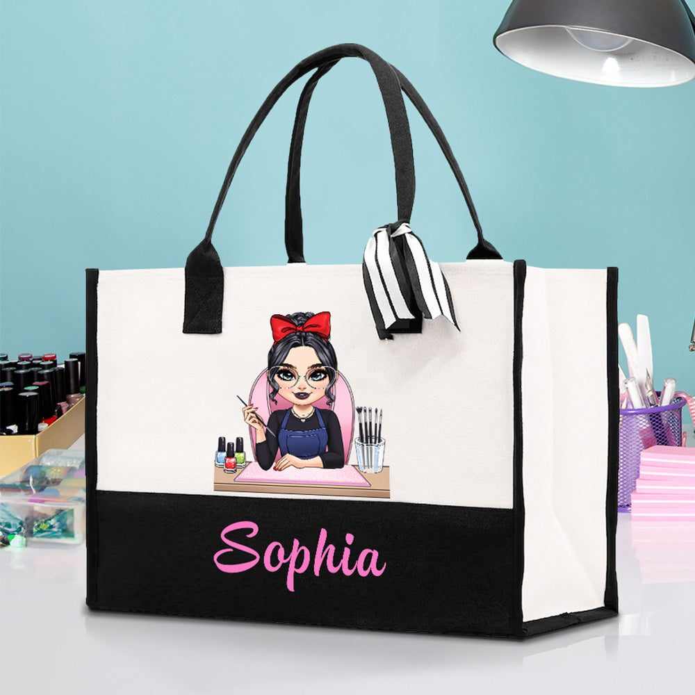 Personalizado lindo personaje de dibujos animados manicurista Bolsa de lona con nombre Cumpleaños Salón de belleza Apertura de regalo para los técnicos de uñas