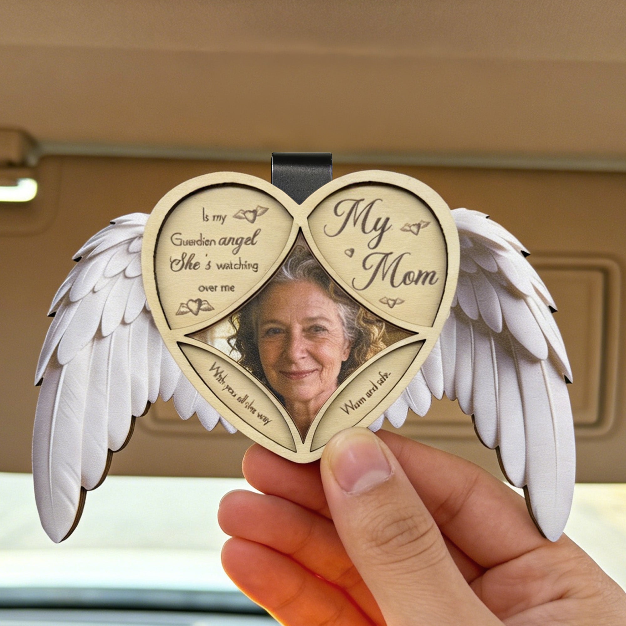 Ángel de la Guarda Personalizado Foto Visera Clip con Texto Coche Accesorio Significativo Simpatía Regalo por la pérdida de un ser querido