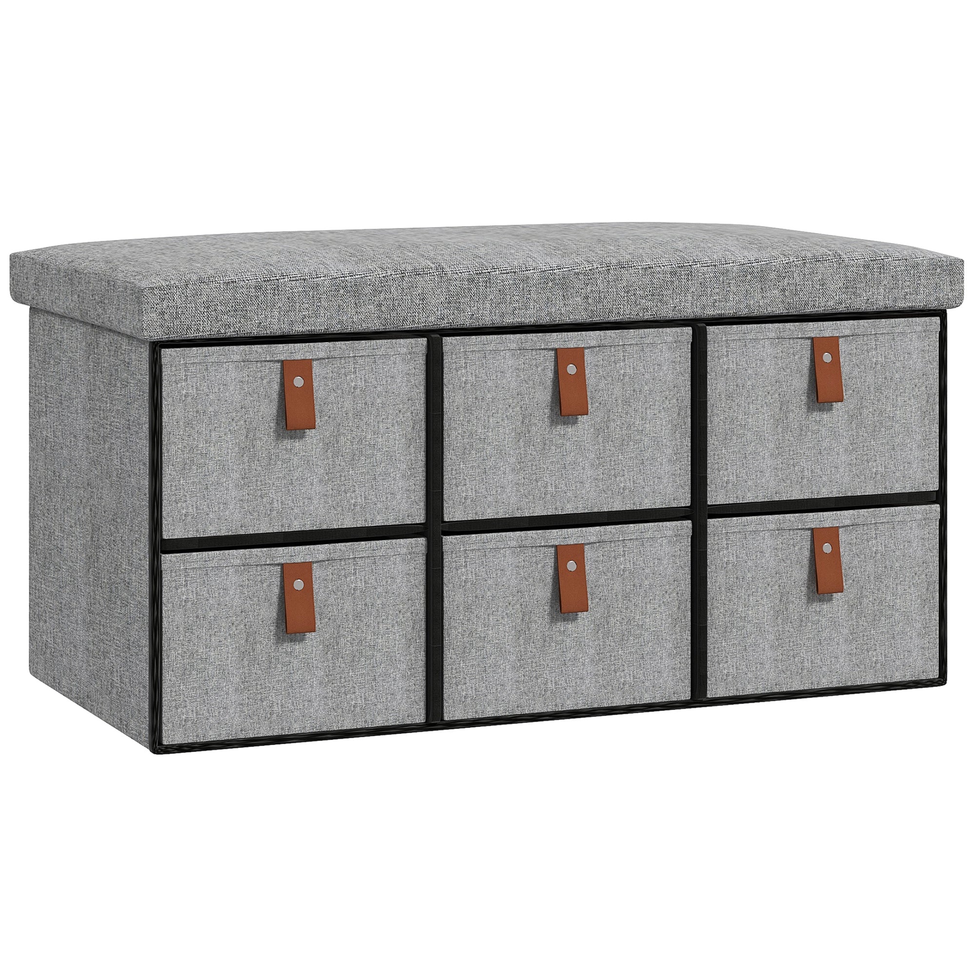 Shoe Storage Bench with Cushion and 6 Fabric Drawers for Entryway, Hallway, Light Grey