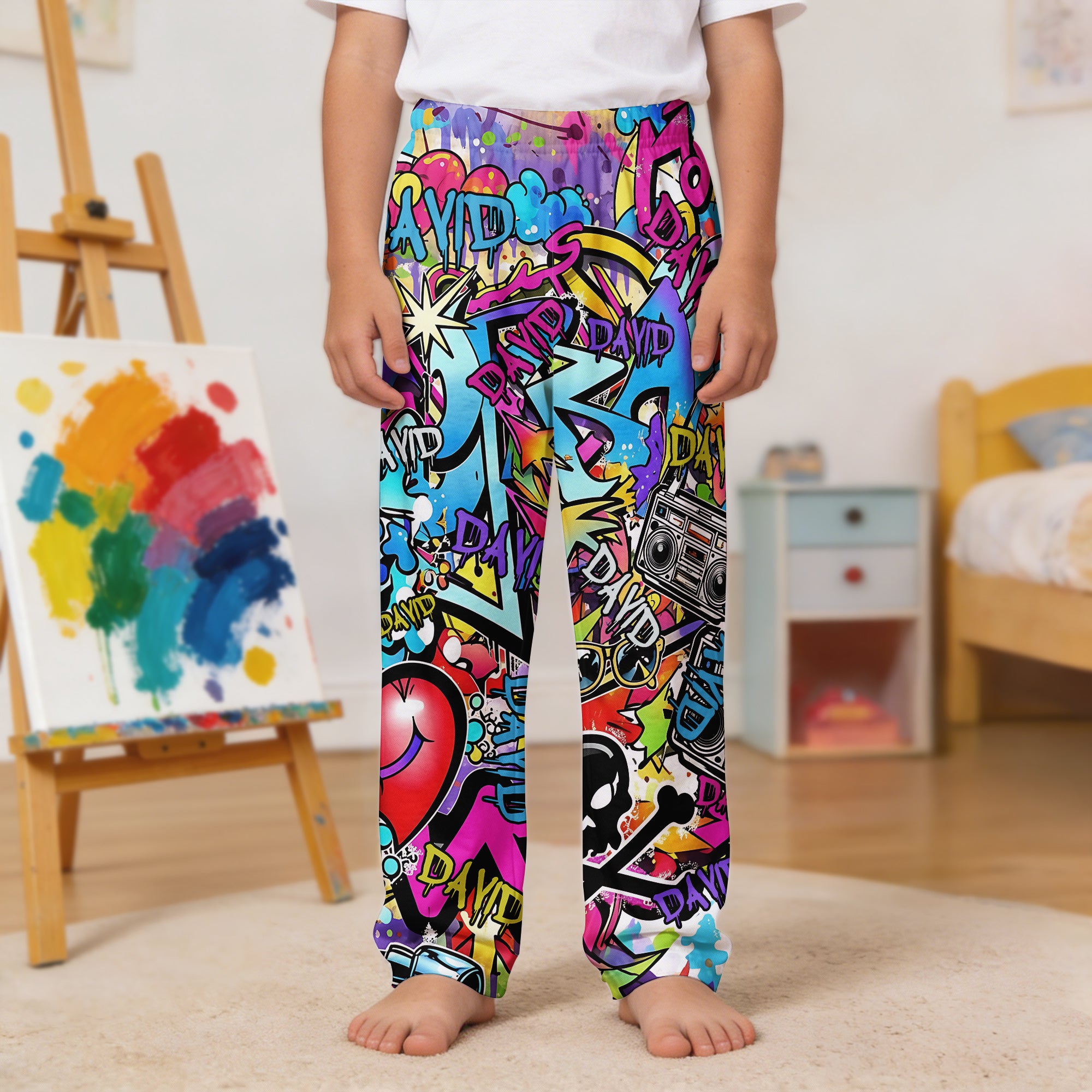 Personalizado Graffiti-Art Estilo Niño Mujer Hombre Pantalones de pijama con nombre de colores y cordón de desgaste diario Regalo de cumpleaños para la familia amigo