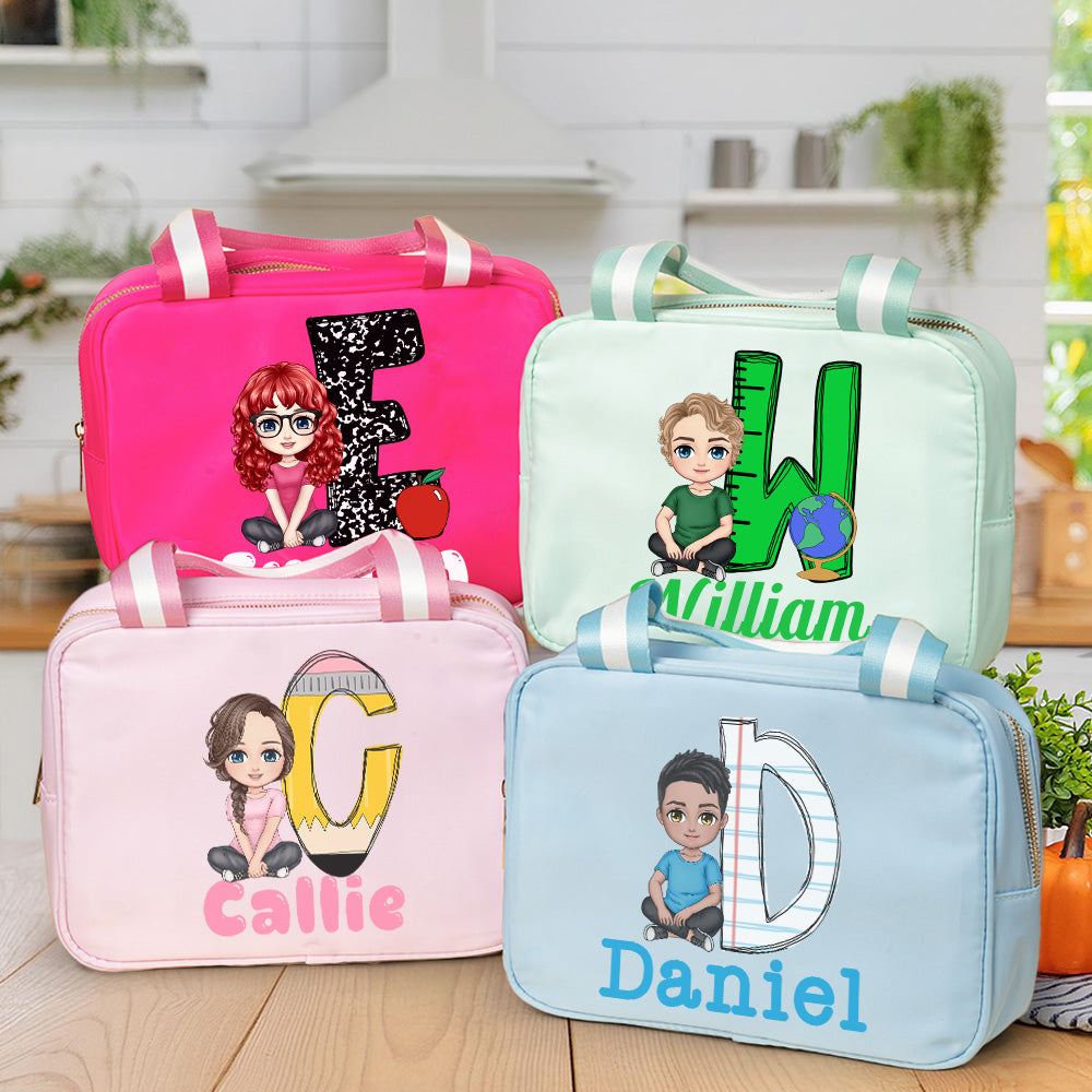 Bolsa de almuerzo aislante personalizada con nombre e inicial de personaje de dibujos animados multicolor Regalo de picnic de vuelta al cole para niños y familia