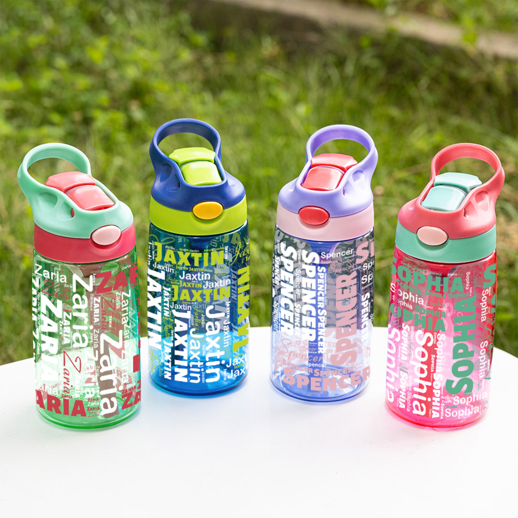 Nombre personalizado Word Cloud 16 oz Kid Botella de agua con pajita de silicona y asa de vuelta a la escuela Cumpleaños Holiday Gift for Boys Girls