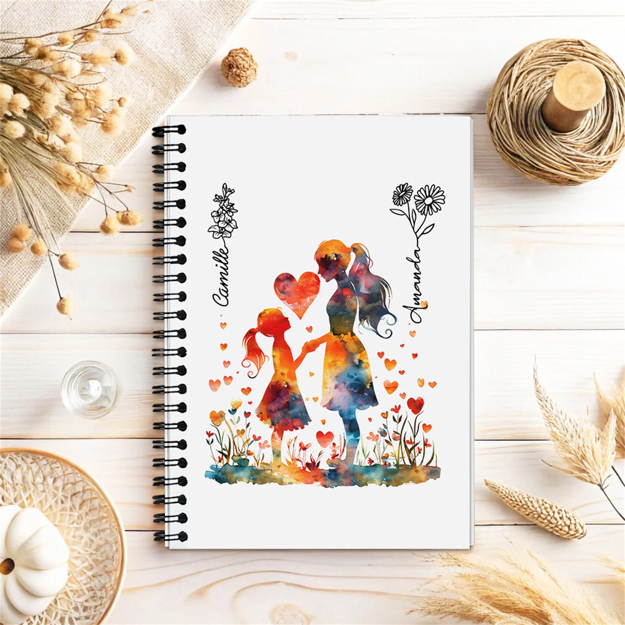 Cuaderno de espiral personalizado con silueta de madre e hija y nombre Accesorio de grabación Regalo de cumpleaños para mamá el Día de la Madre