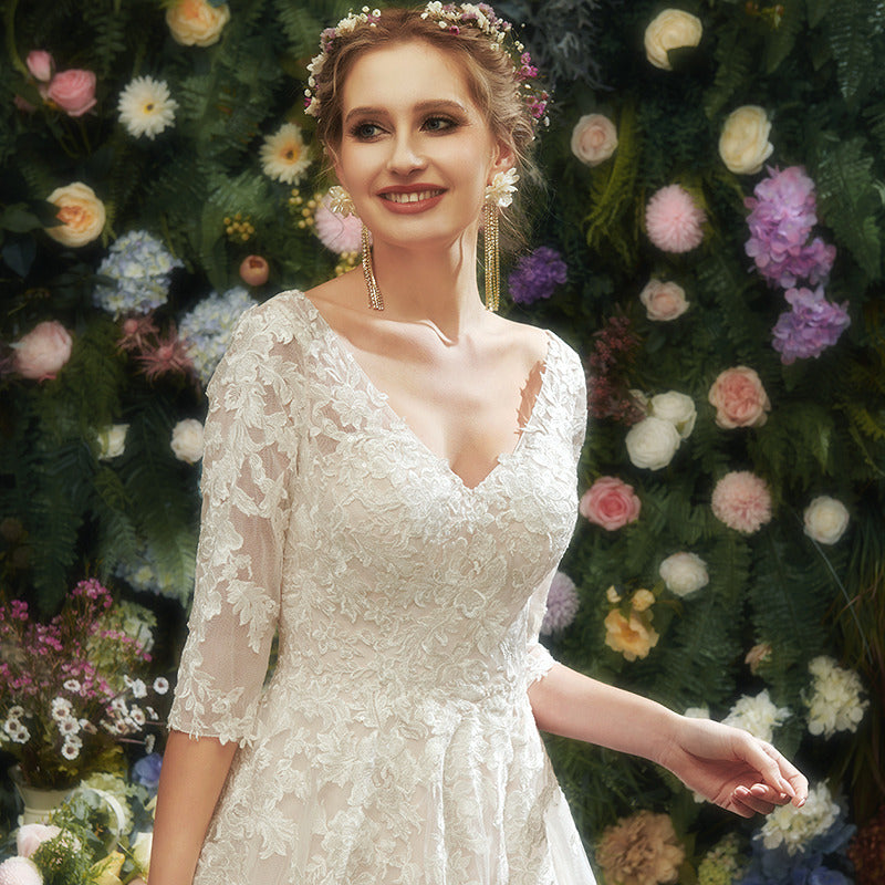 Bridal Wedding Dress White 1 2 Sleeve Long V-Neck A-line