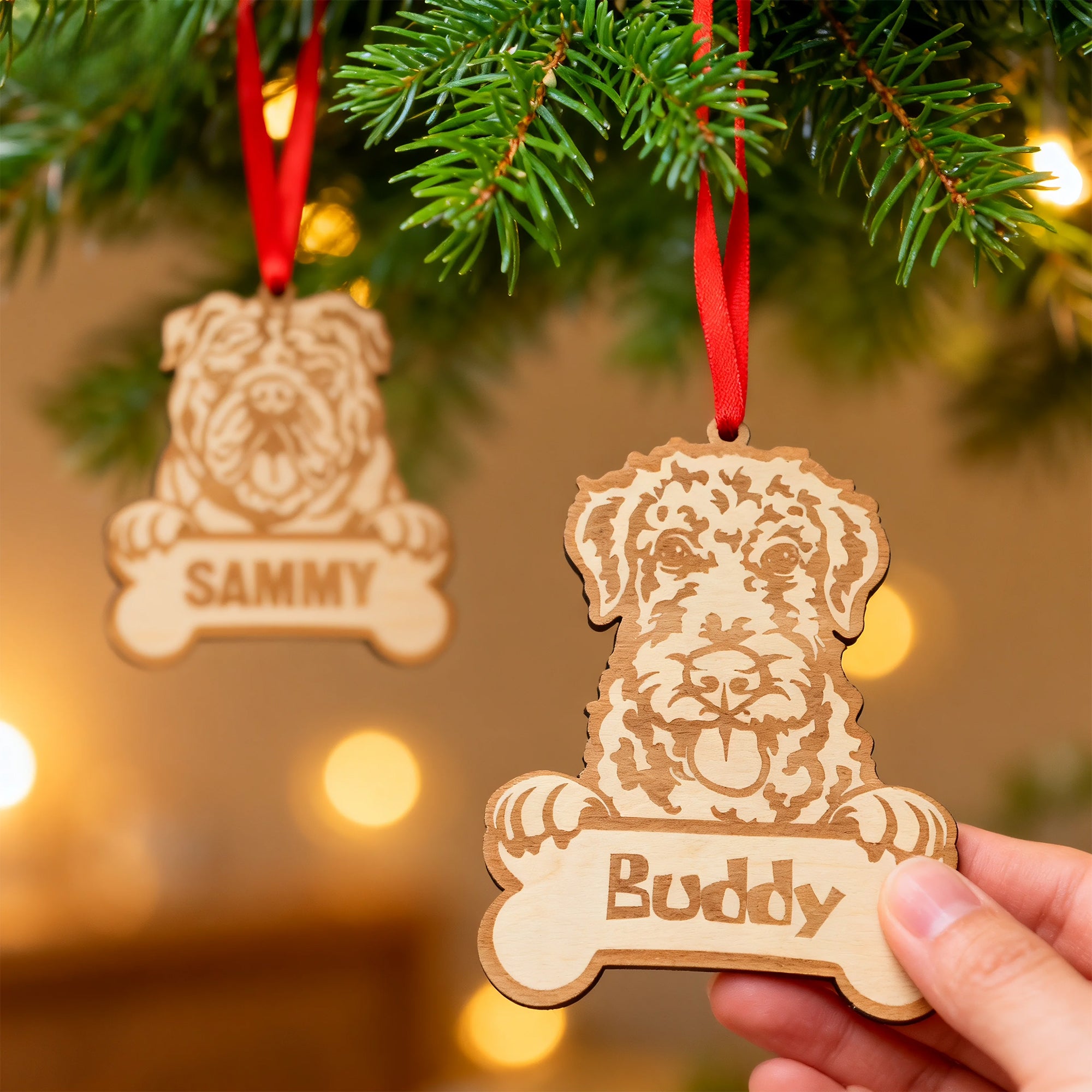 Hueso de perro personalizado grabado Adorno de Navidad de madera con nombre Decoración del hogar Regalo de Navidad para los amantes de los dueños de perros