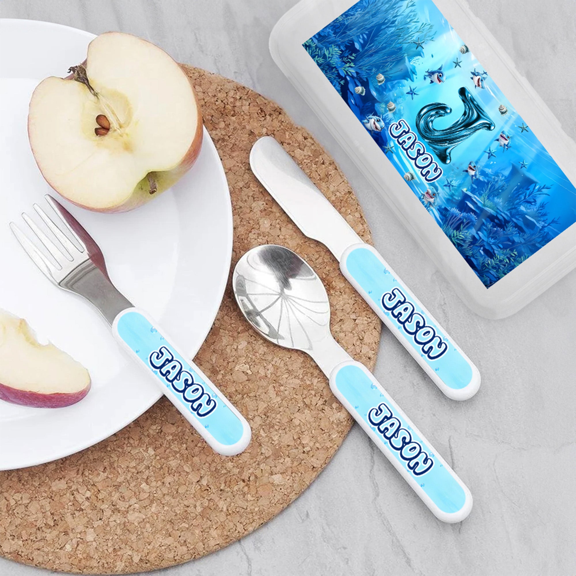 Tenedor Cuchara Cuchillo Personalizado Tiburón Marino Juego de 3 cubiertos con nombre y estuche Regalo de cumpleaños para niños en la temporada de vuelta al cole