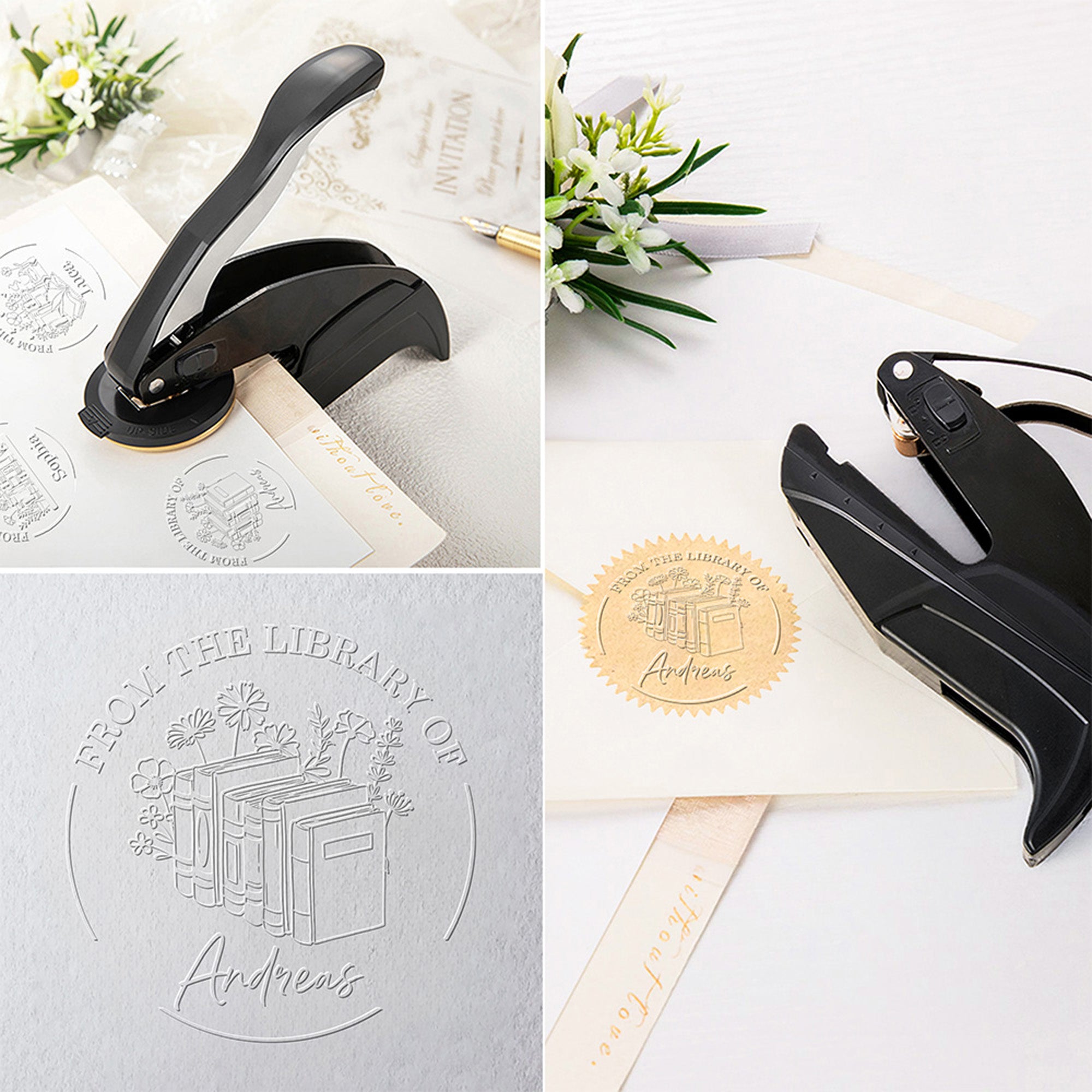 Sello de estampación floral personalizado para libros Bolsa de almacenamiento con nombre y texto grabados Regalo de cumpleaños para los amantes de los libros